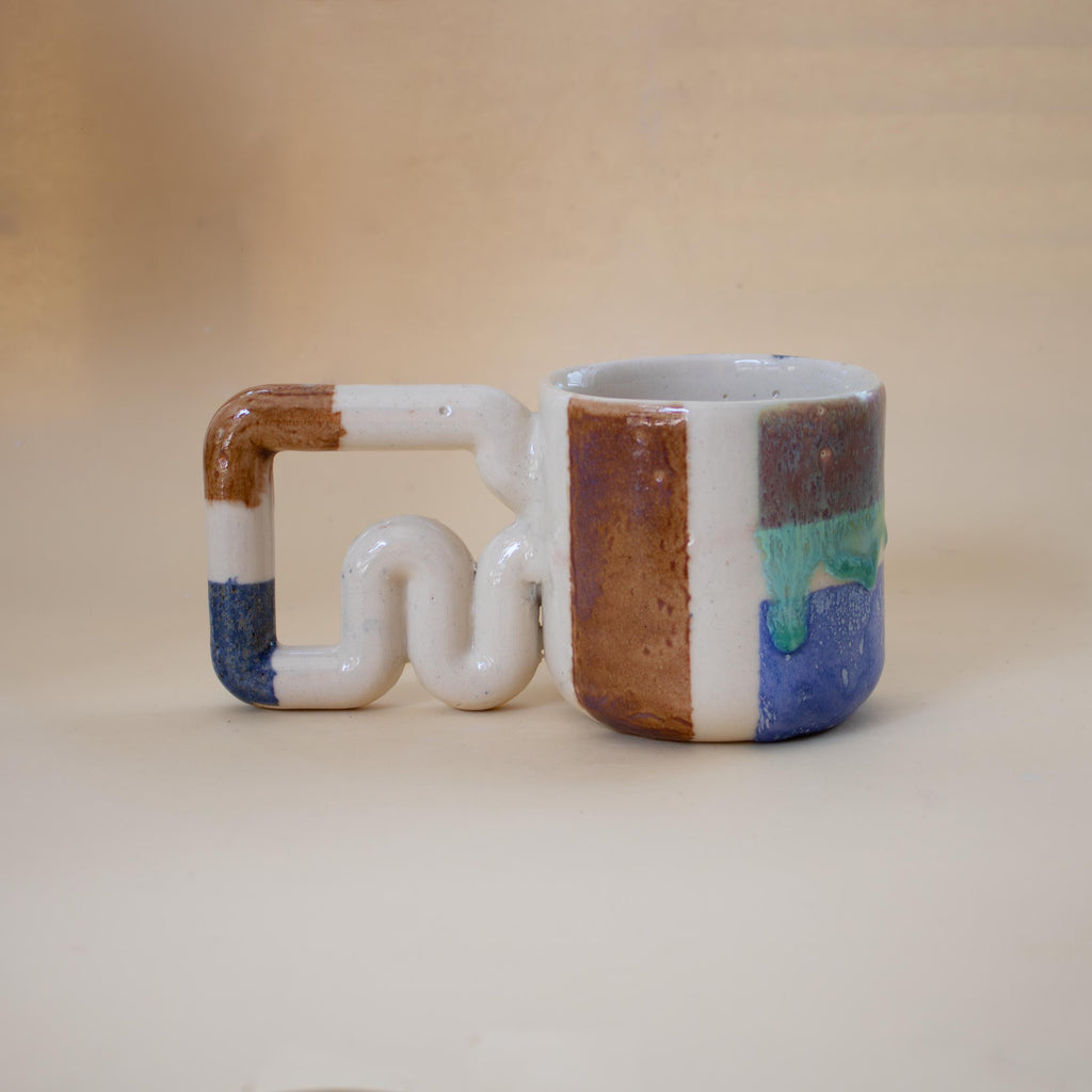 Handmade Porcelain Coffee Mug: Colourful Geometric Design, Wavy Handle