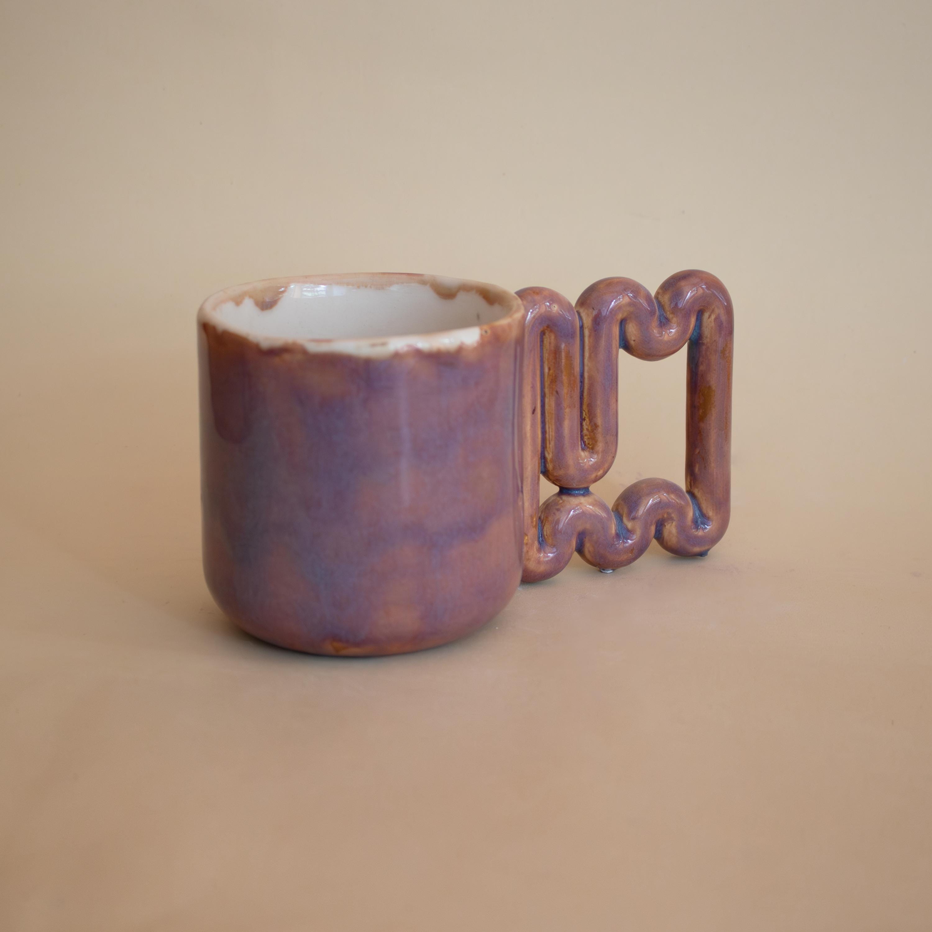 Handmade Copper Glaze Ceramic Mug: Square Zigzag Handle, Modern Design