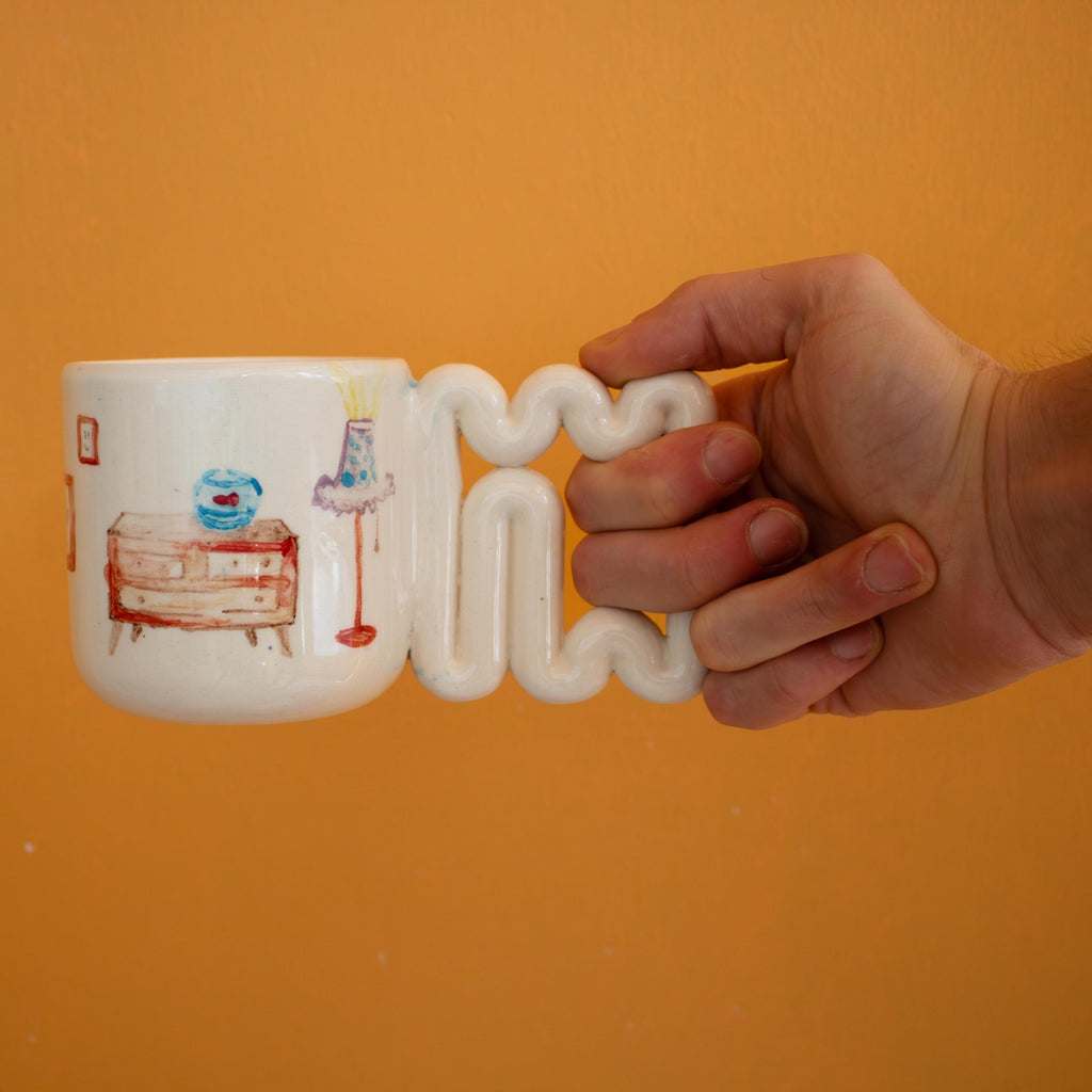 Handmade Porcelain Coffee Mug: Wavy Handle, Artistic Home Decor