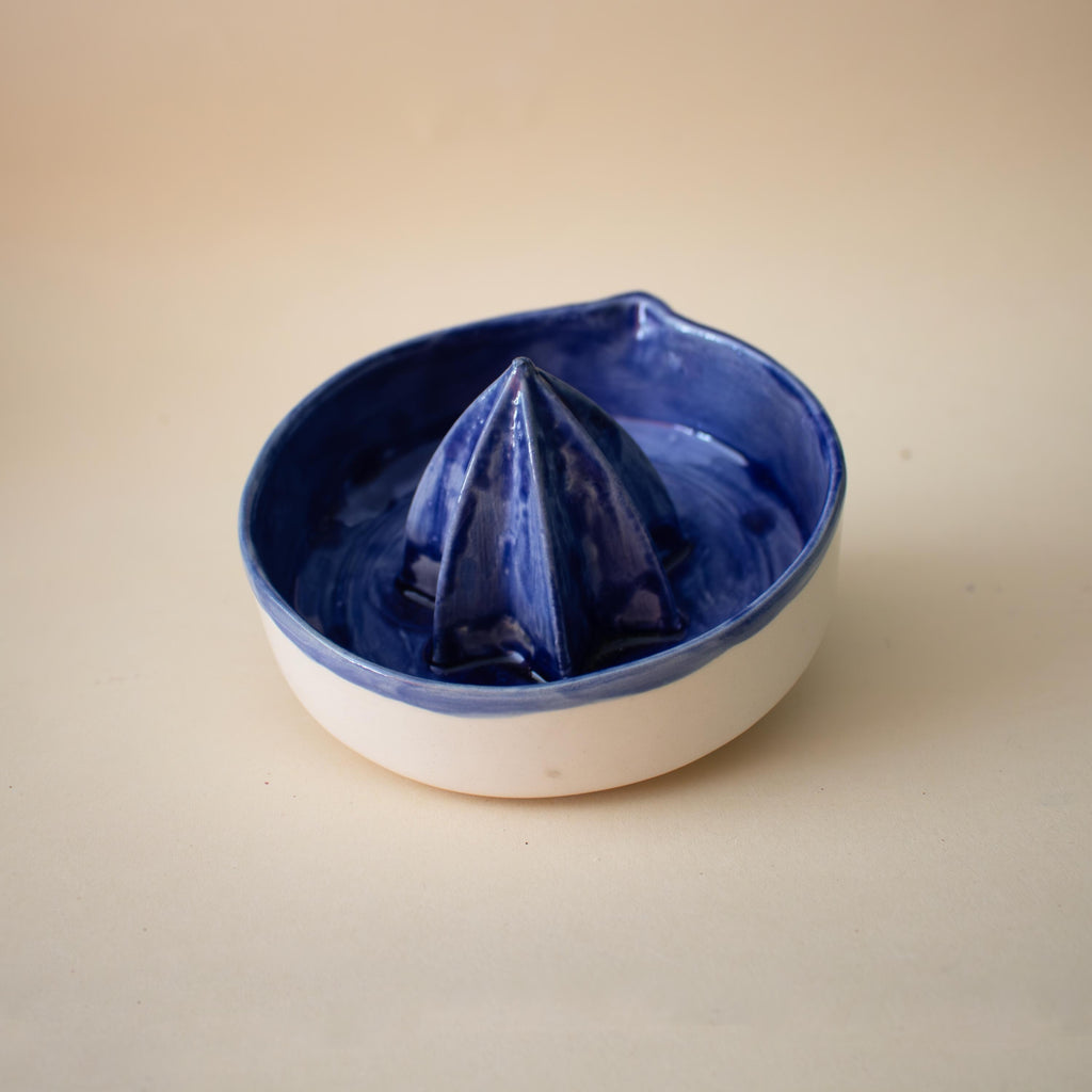 Handmade deep blue Ceramic Lemon Squeezer, Artisan Pottery Citrus Juicer