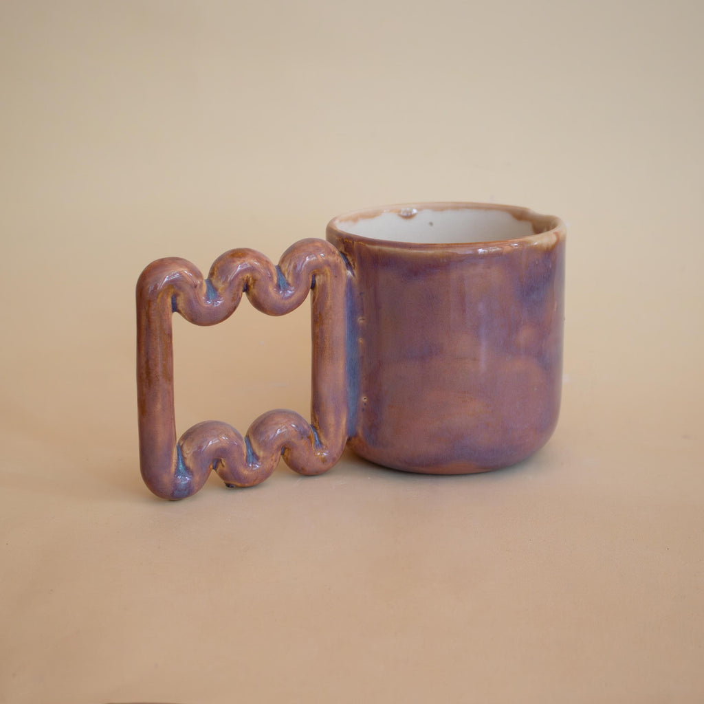 Copper pink ceramic mug with funky handle, sculptural handmade porcelain cup, modern coffee gift