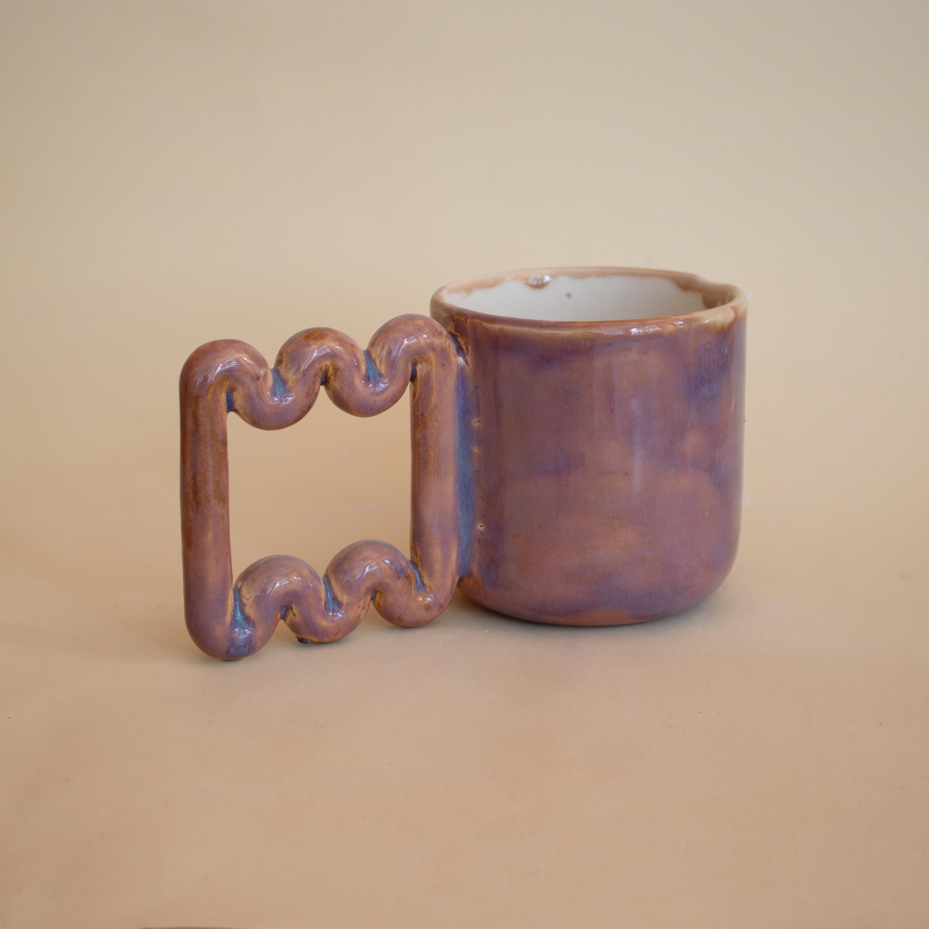 Copper pink ceramic mug with funky handle, sculptural handmade porcelain cup, modern coffee gift
