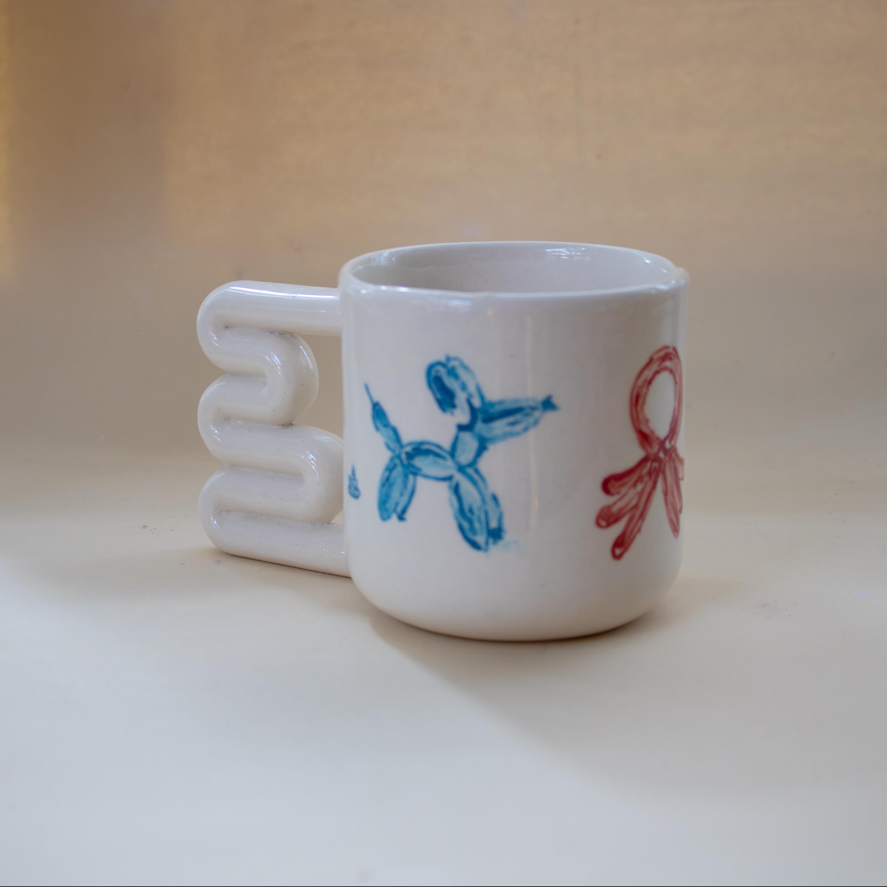 Hand Painted Porcelain Balloon Mug: Unique Coffee Cup with Funky Handle