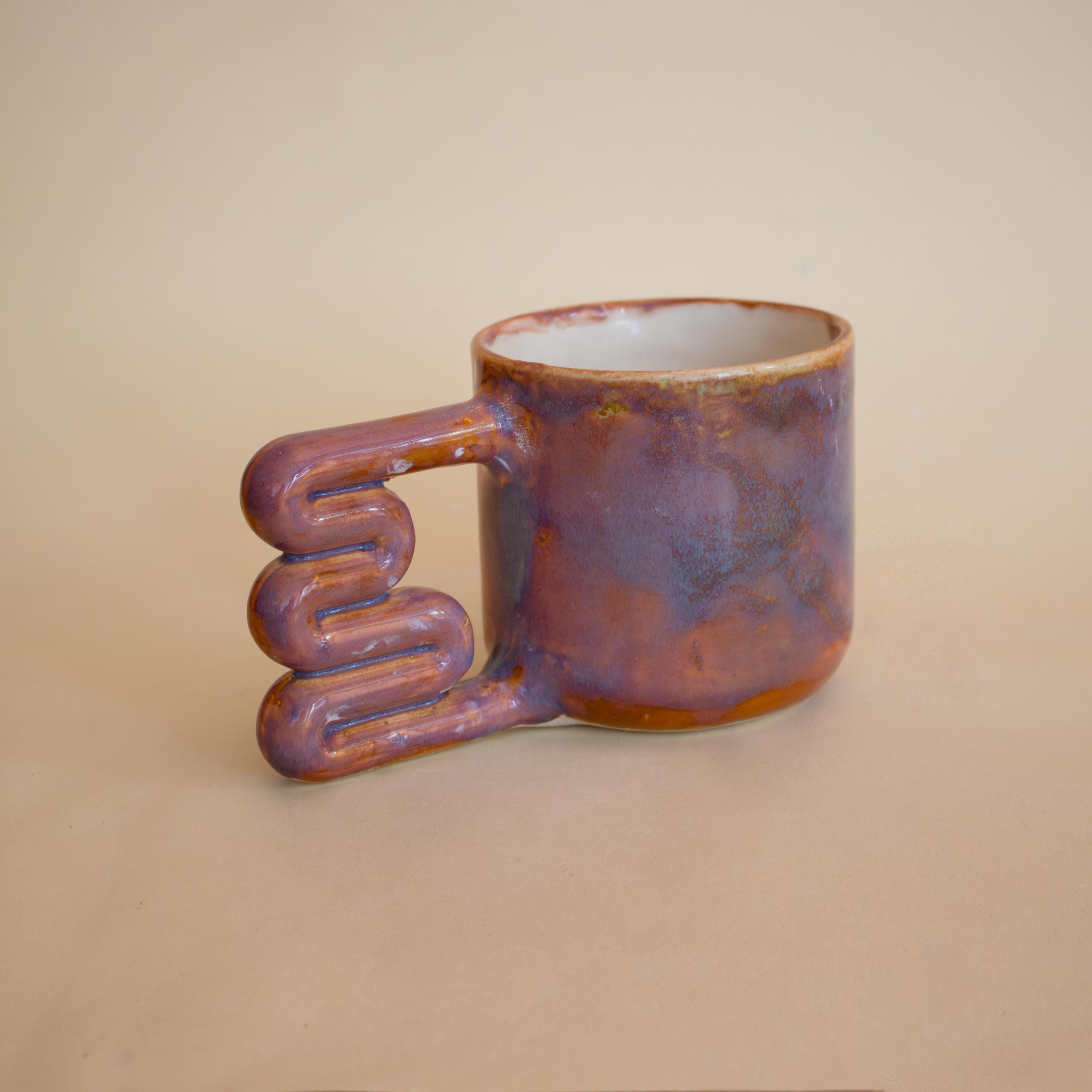 Handmade Porcelain Coffee Mug: Unique Wavy Handle, Art Lover Gift