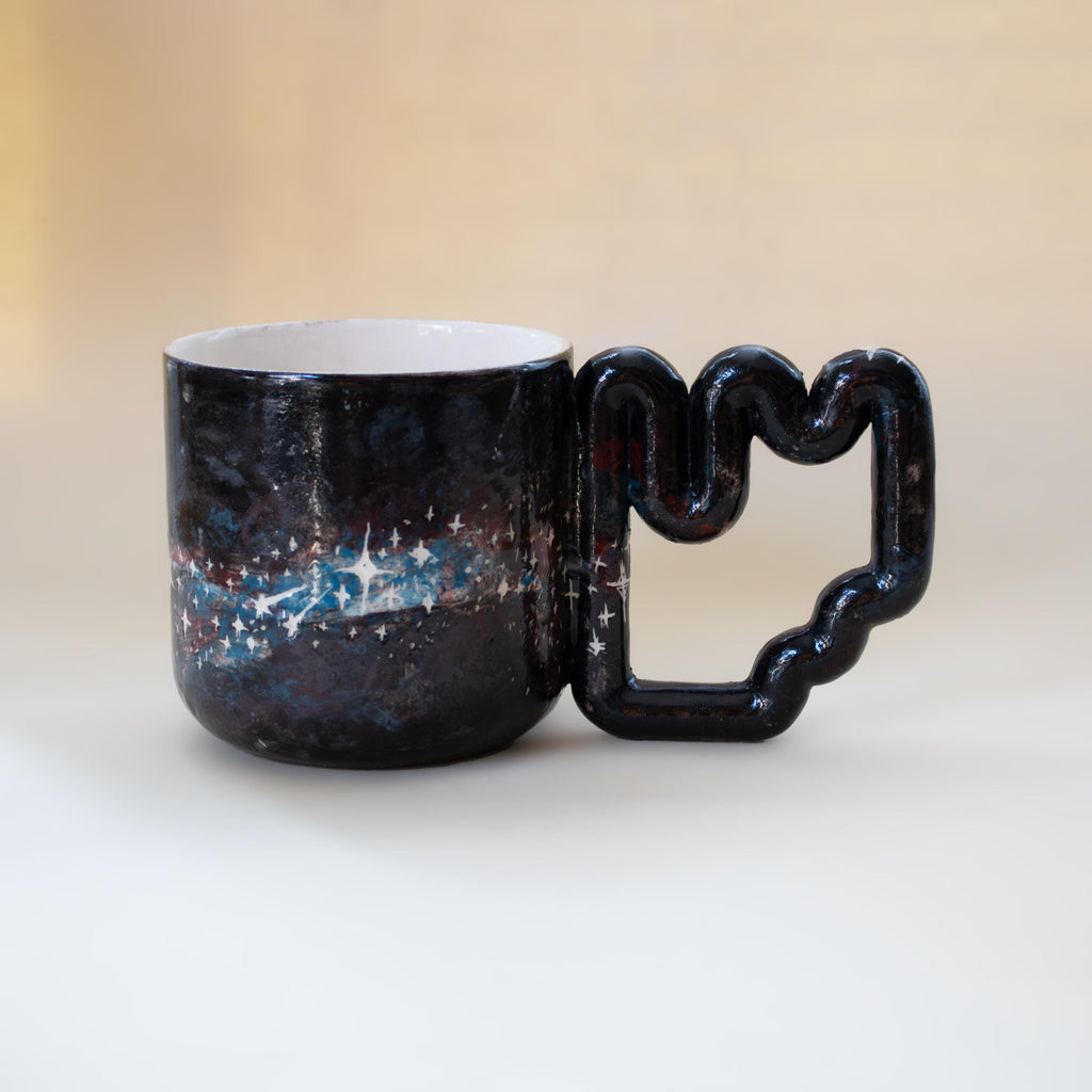 Handmade Celestial Porcelain Mug: Galaxy Design, Funky Handle