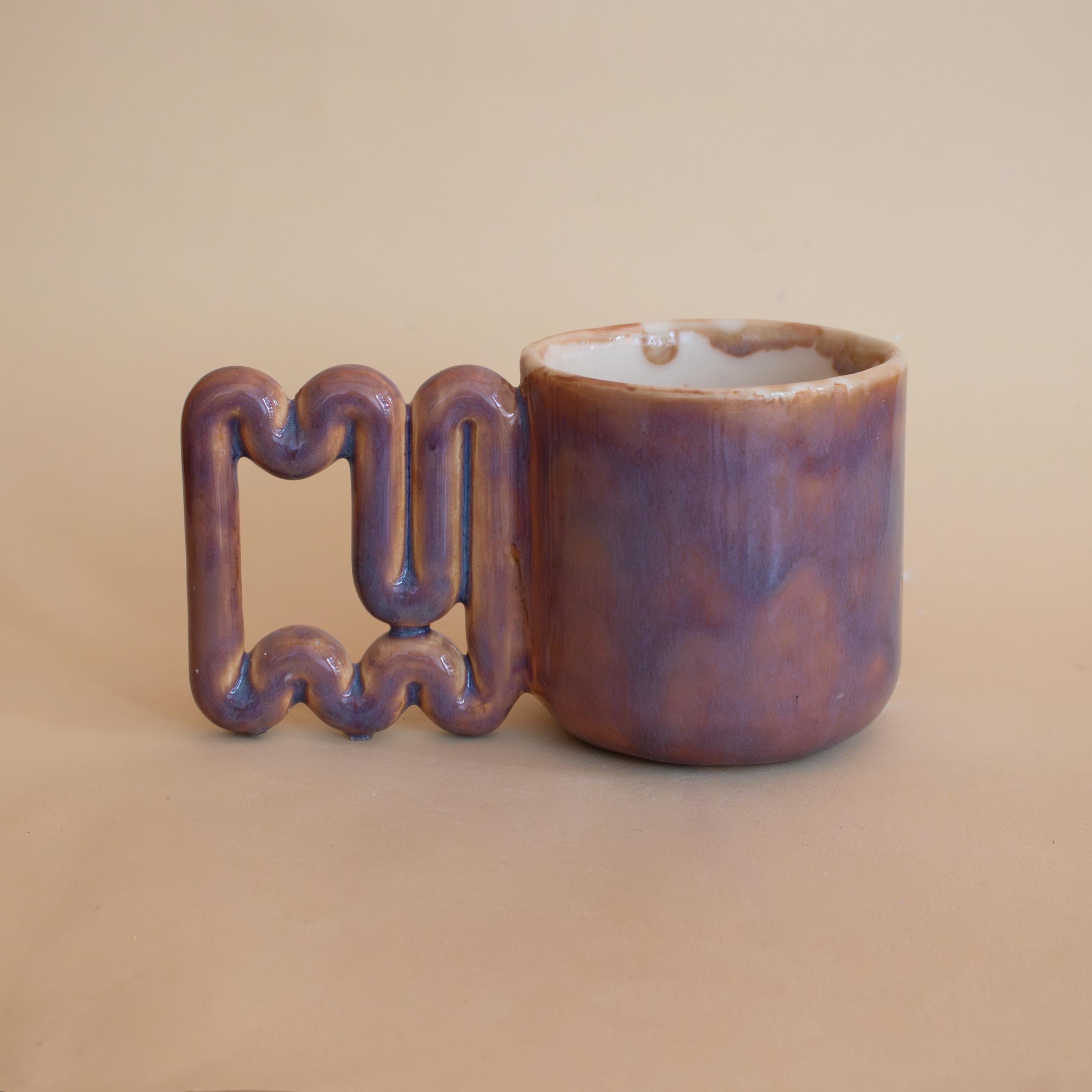 Handmade Copper Glaze Ceramic Mug: Square Zigzag Handle, Modern Design
