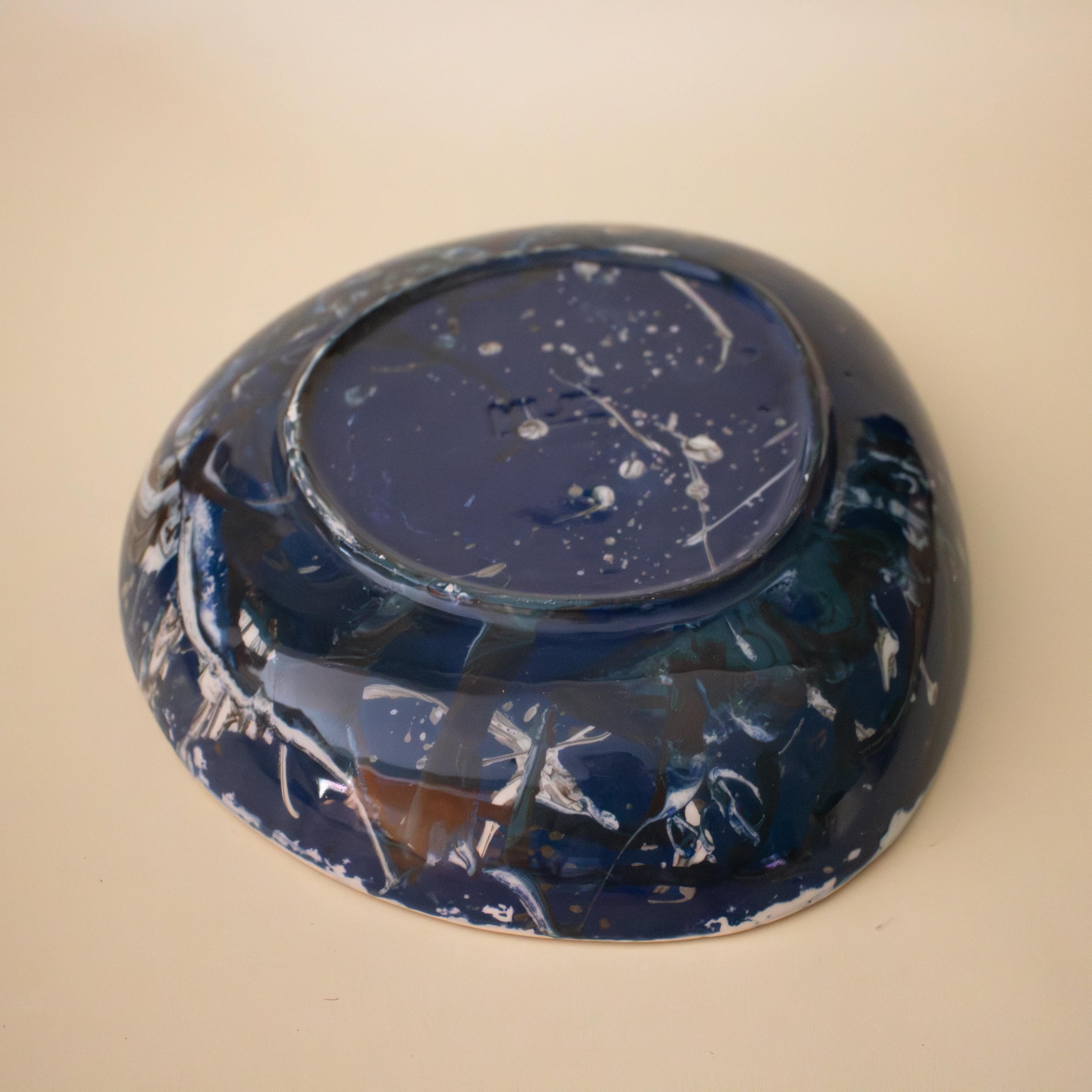 Handmade Marble Porcelain Salad Plate: Blue, Black, and White