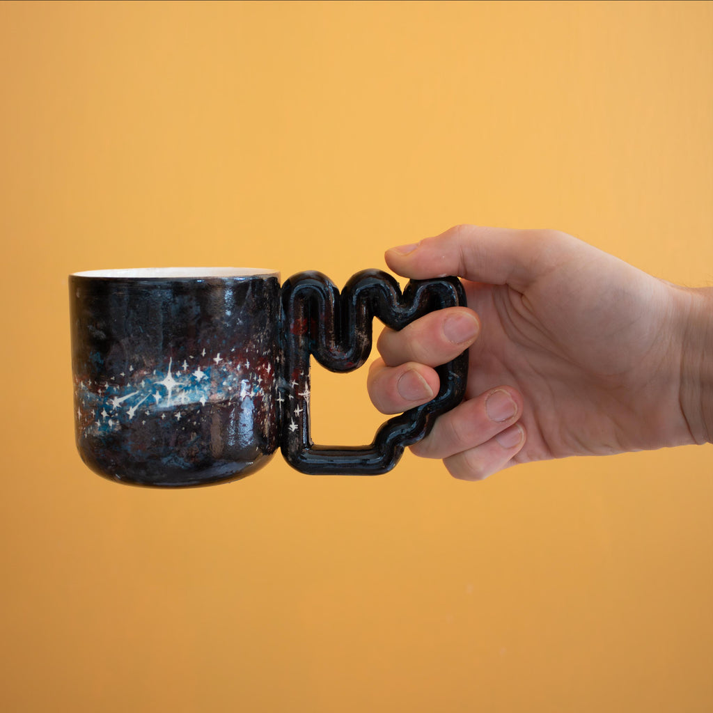 Handmade Celestial Porcelain Mug: Galaxy Design, Funky Handle