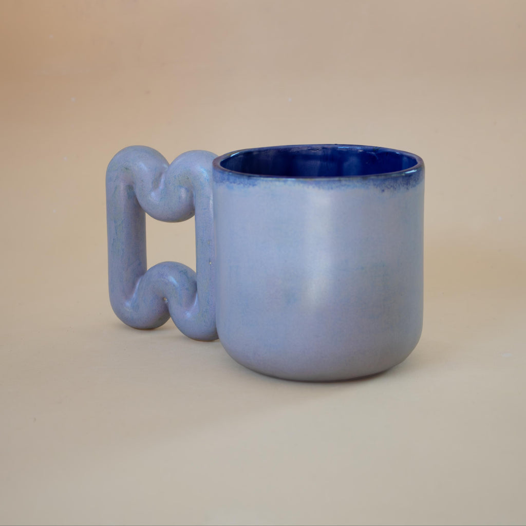 Handmade Light Blue Porcelain Mug: Funky Handle, Modern ceramic Coffee Cup