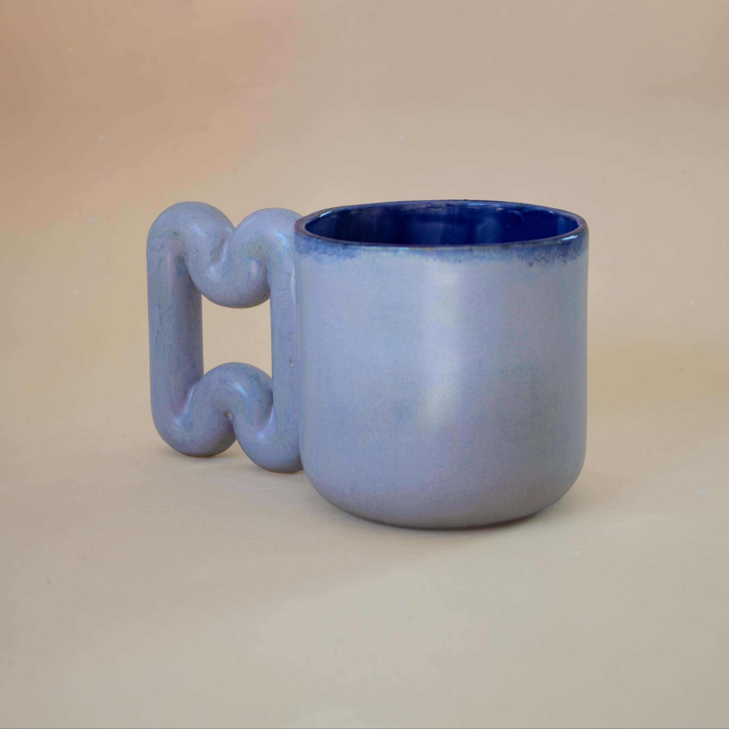 Handmade Light Blue Porcelain Mug: Funky Handle, Modern ceramic Coffee Cup