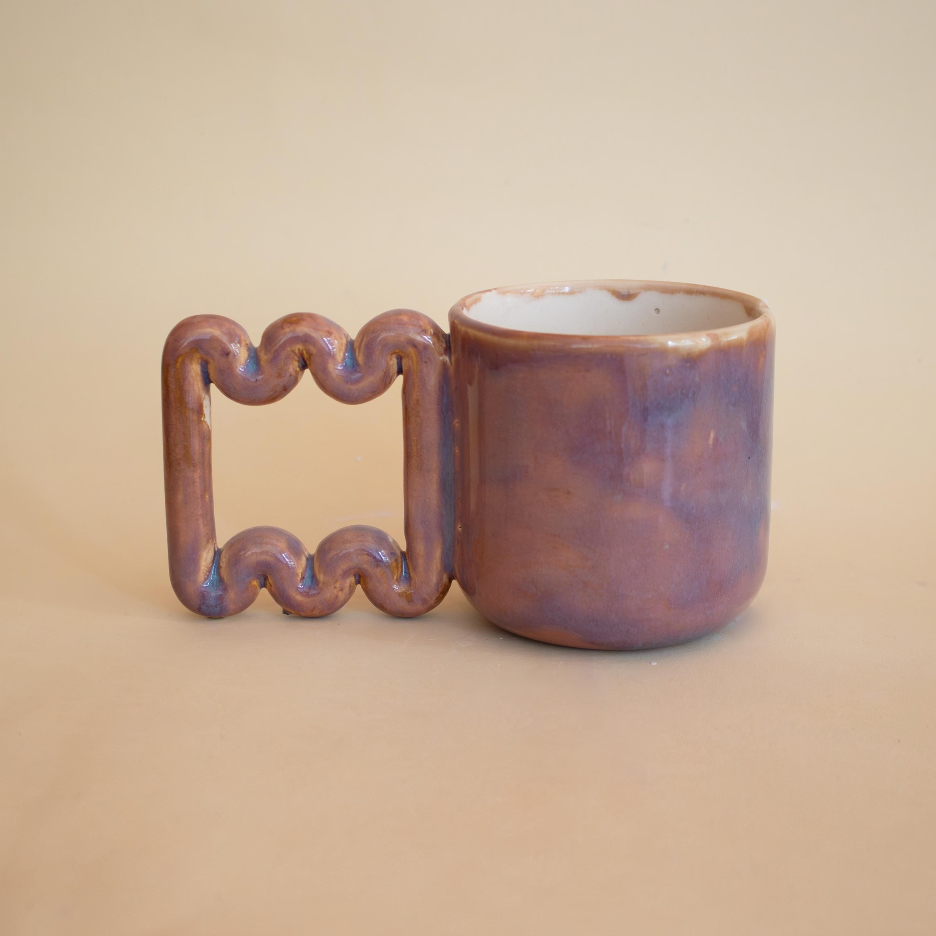 Copper pink ceramic mug with funky handle, sculptural handmade porcelain cup, modern coffee gift