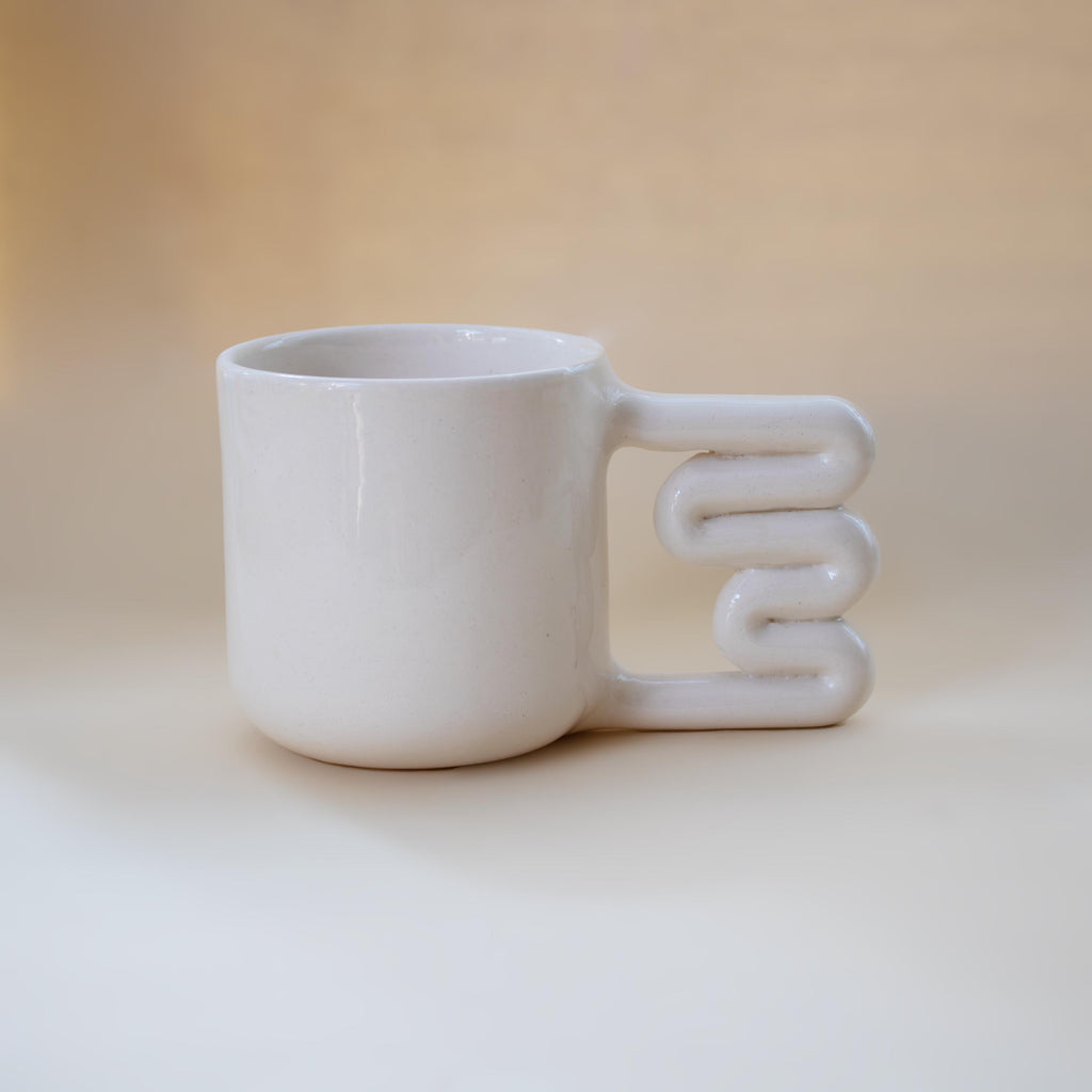 Handmade Porcelain Mug: Minimalist Design with Funky Handle