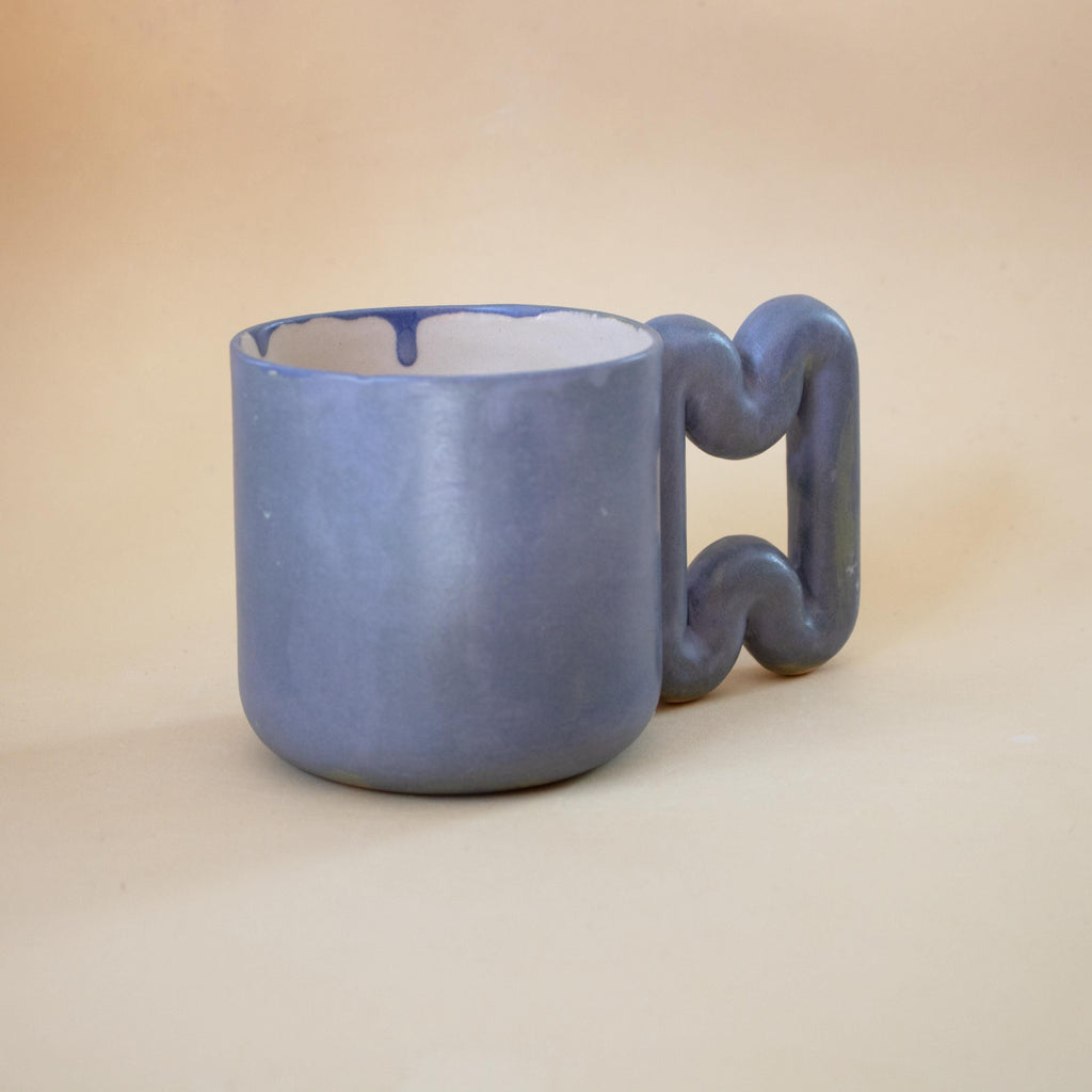 Matte blue porcelain mug with funky handle, handmade modern coffee cup