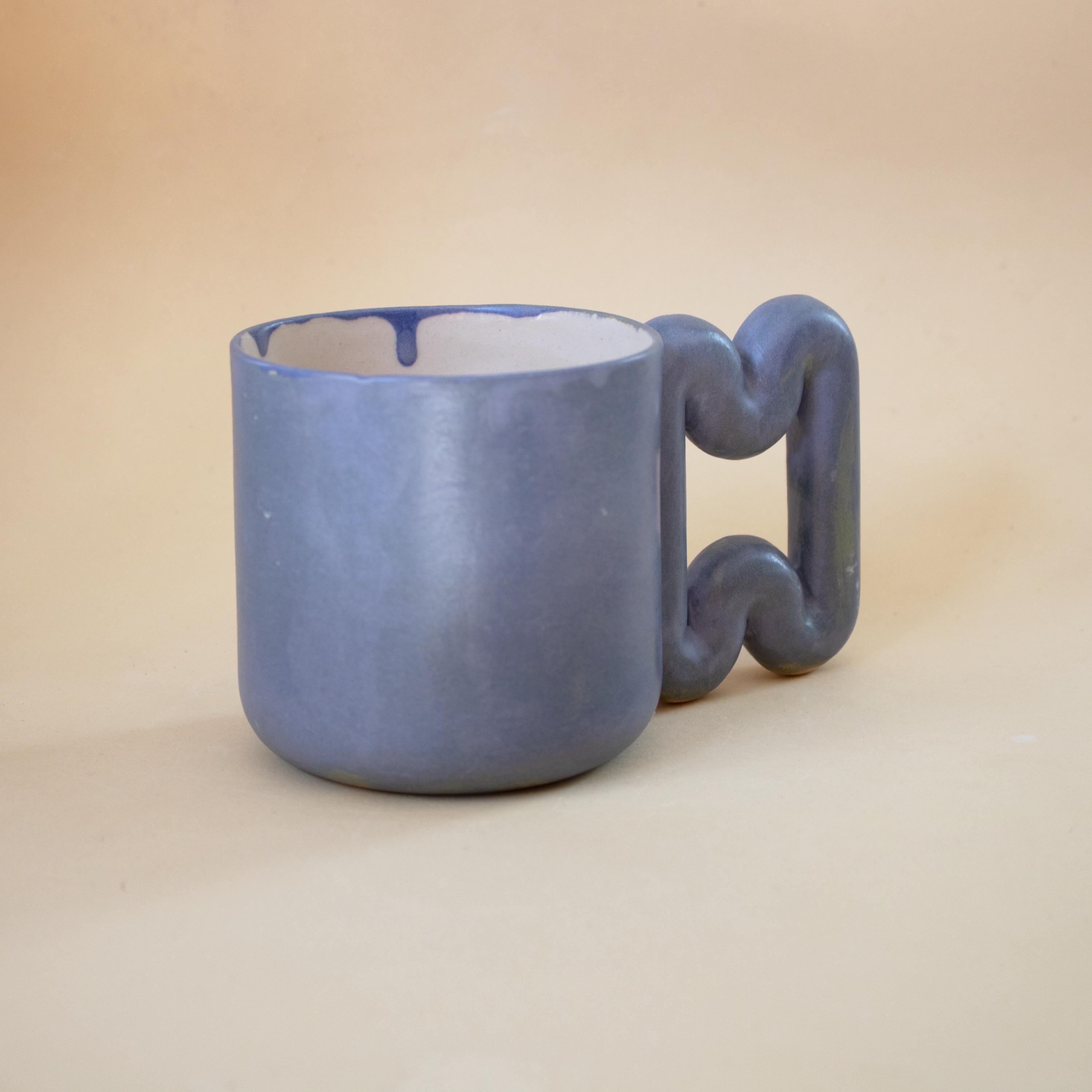 Matte blue porcelain mug with funky handle, handmade modern coffee cup