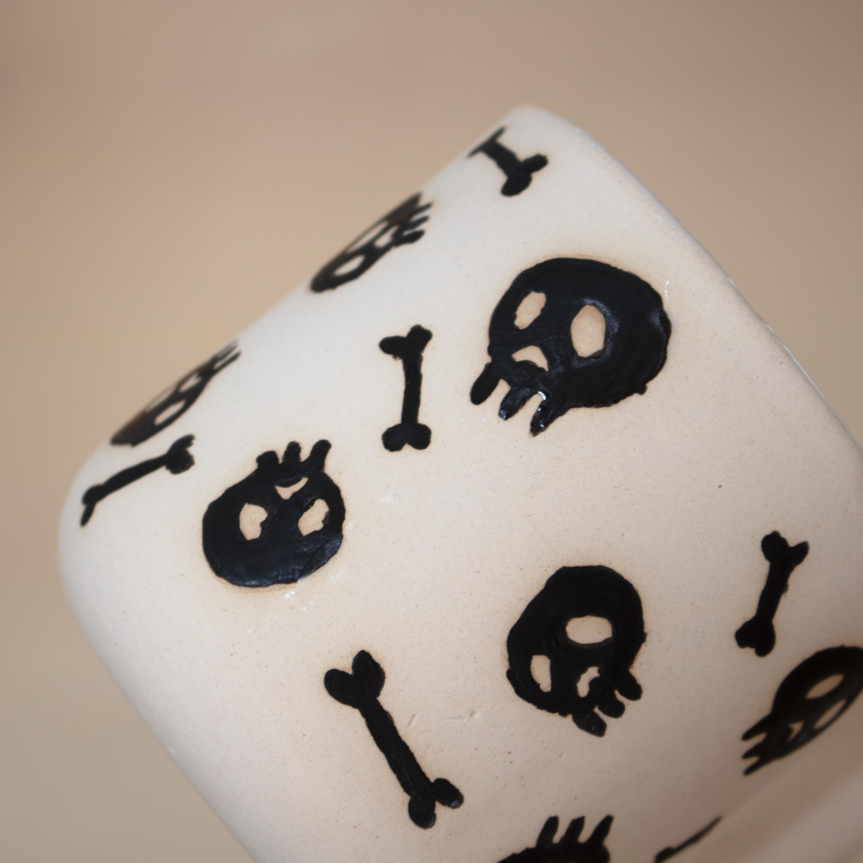 Handmade Porcelain skull Mug: Spooky Black Coffee Cup with Funky Handle