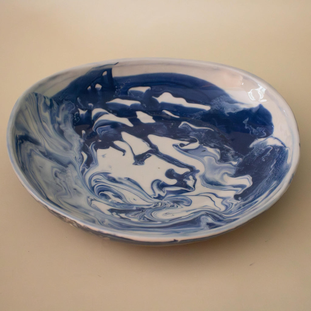 Handmade Marble Porcelain Salad Plate: Blue, Black, and White