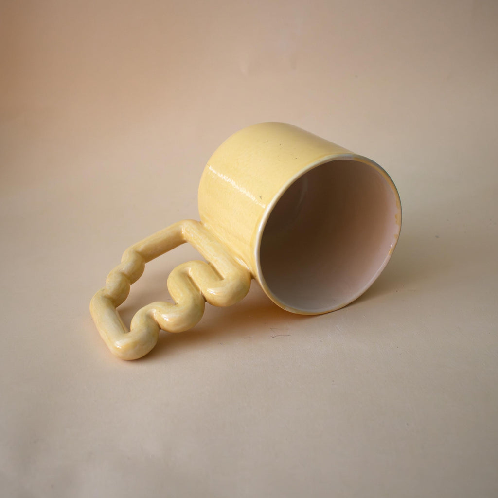 Yellow ceramic mug with funky handle, unique handmade cup, modern gift for coffee lovers