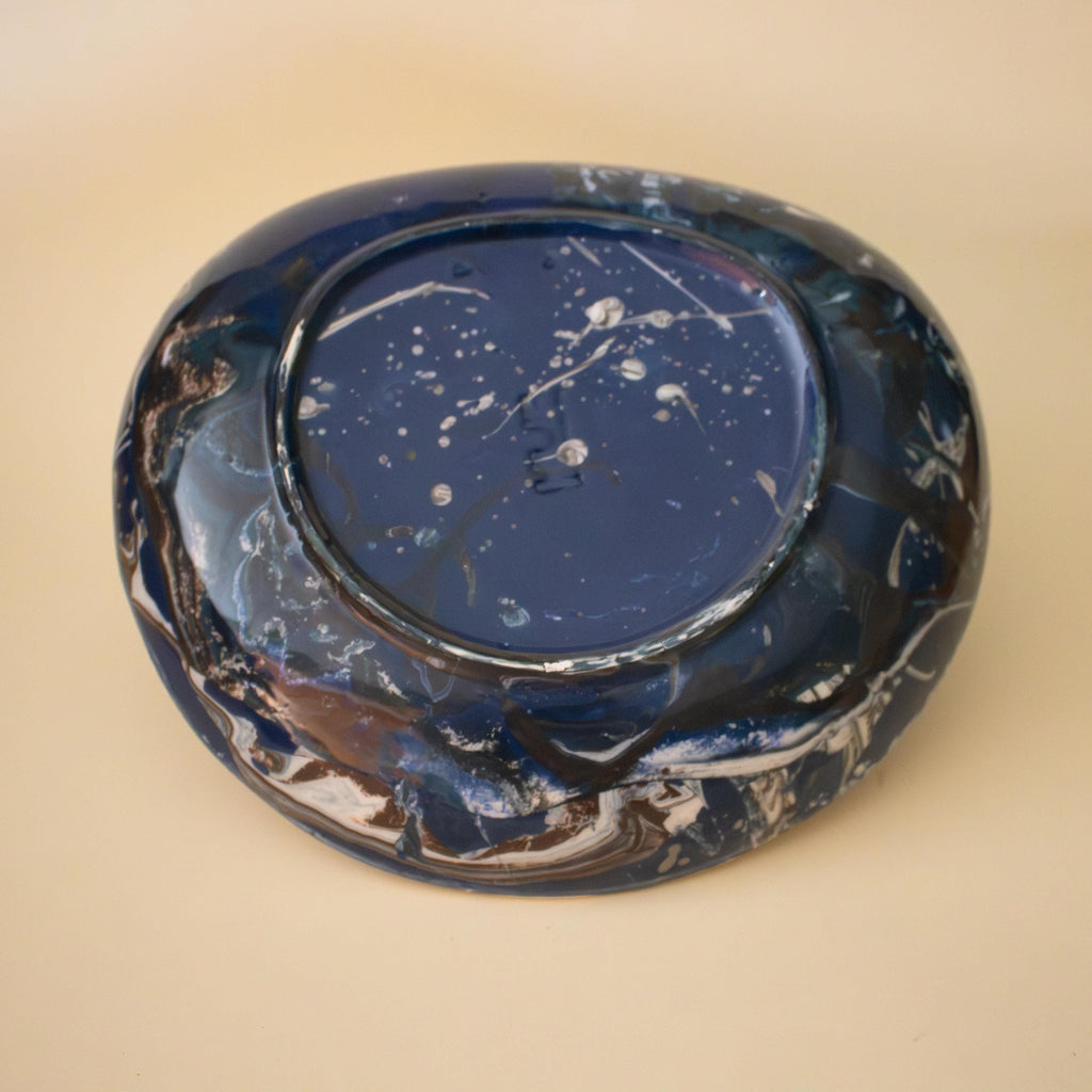 Handmade Marble Porcelain Salad Plate: Blue, Black, and White