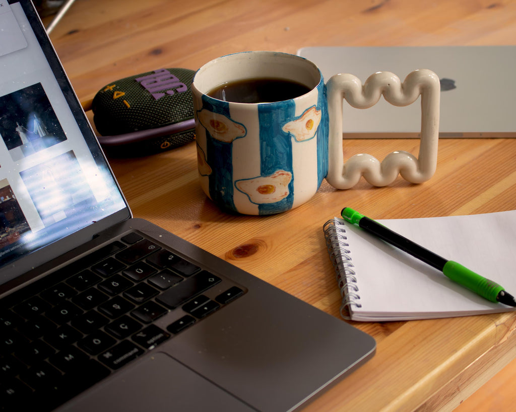 Hand Painted Porcelain Mug: Egg & Blue Stripes, Funky Handle