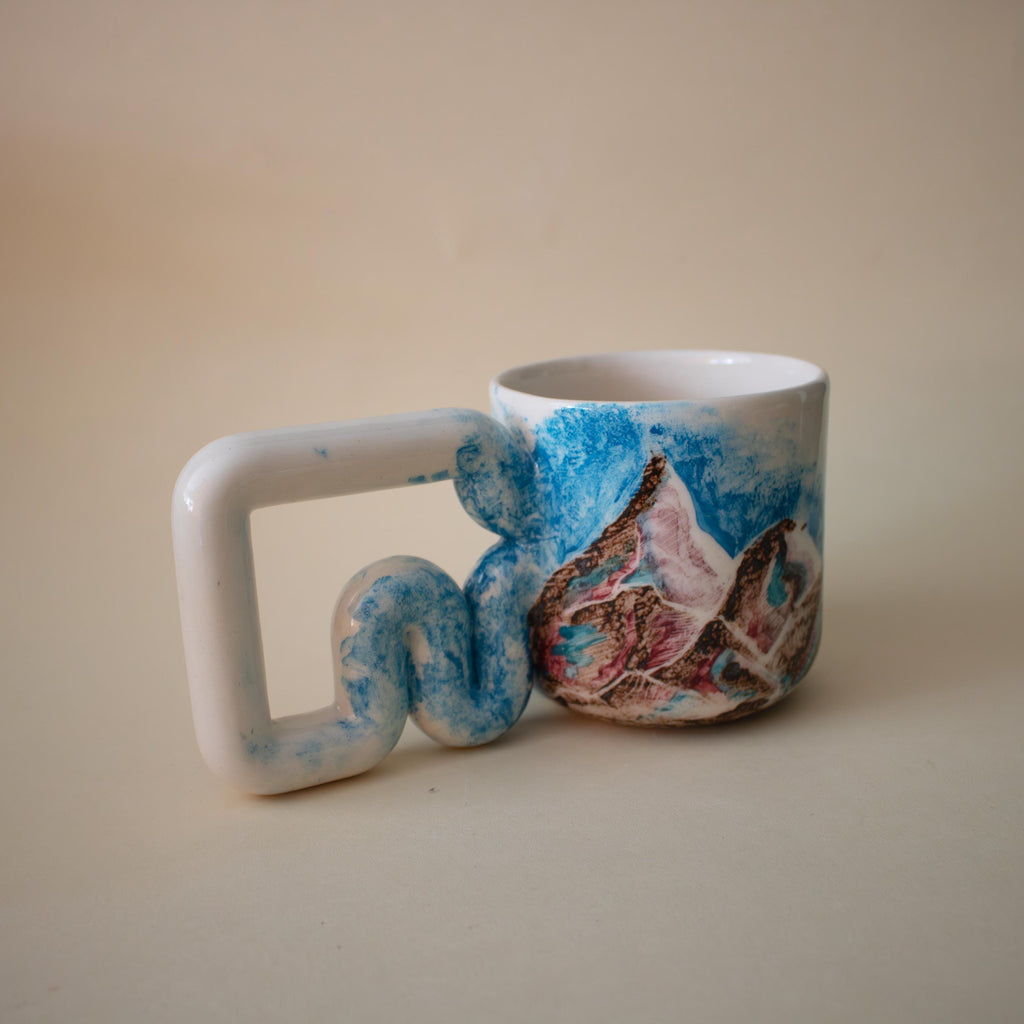 Handmade Mountain Ceramic Mug: Wavy Handle Porcelain Coffee Cup