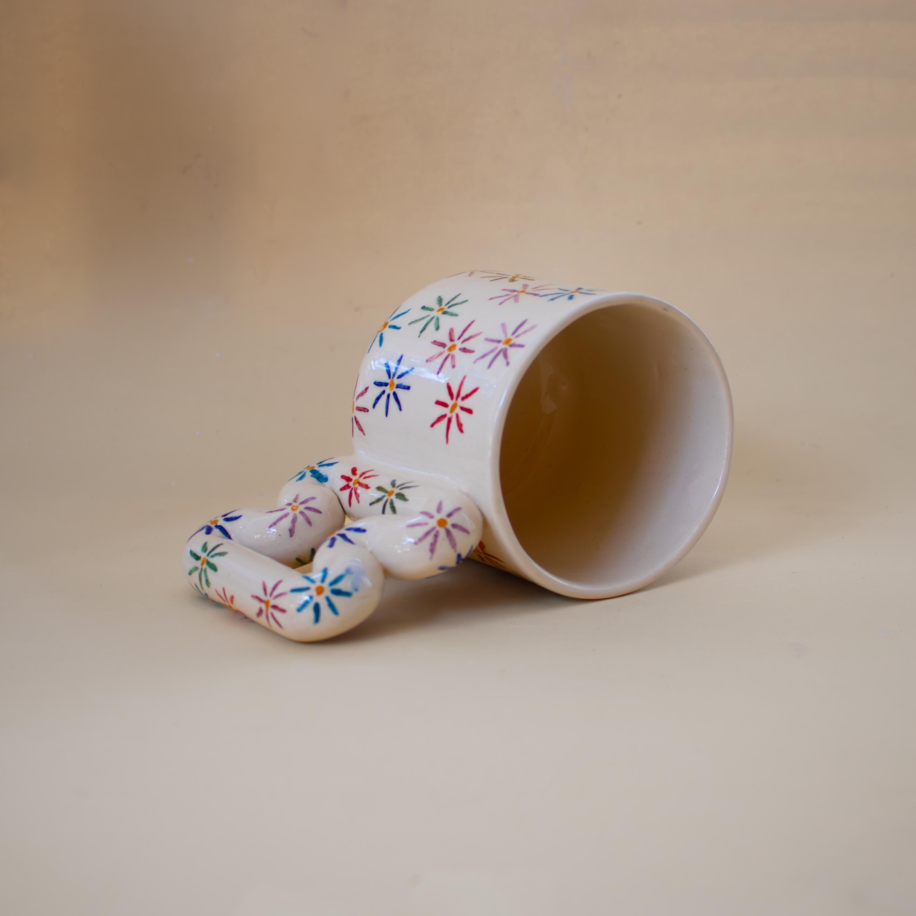 Handmade Ceramic Mug: Floral Blossom Design, Wavy Handle porcelain cup