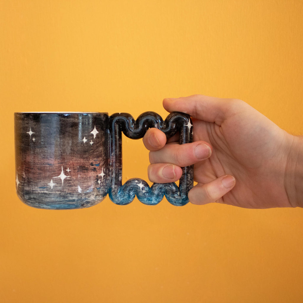 Handmade Galaxy Mug: Funky Handle Ceramic Coffee Cup