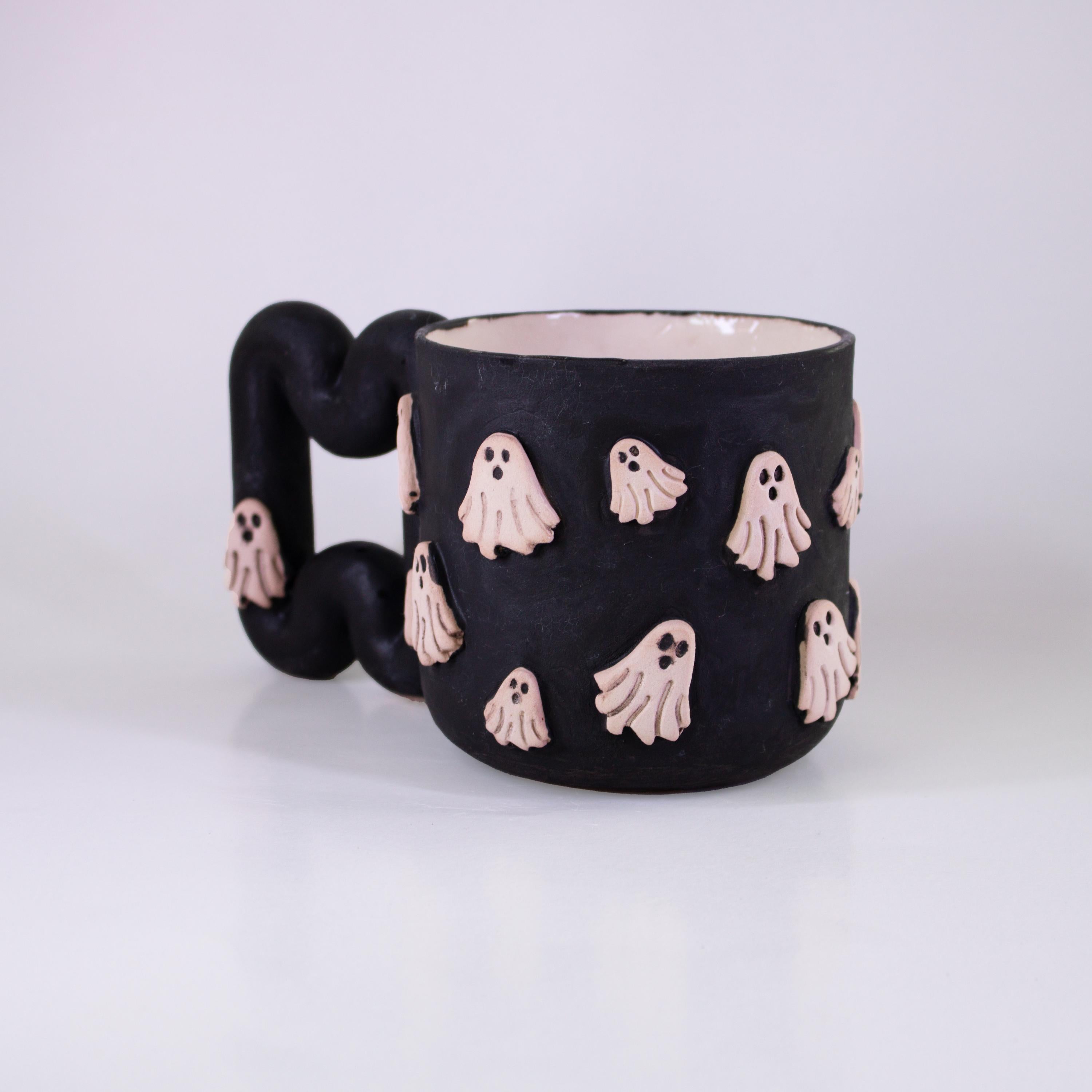 Handmade Porcelain Ghost Mug: Spooky Black Coffee Cup with Funky Handle