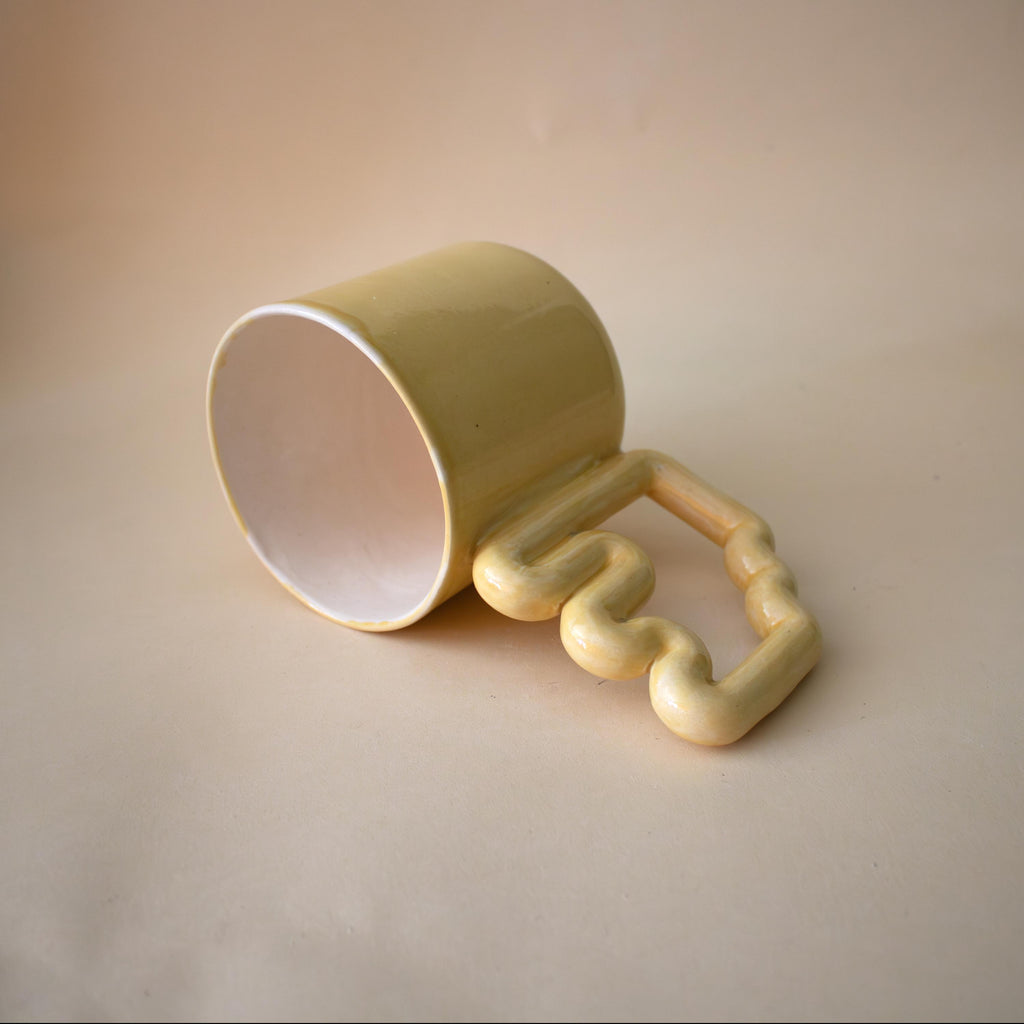 Yellow ceramic mug with funky handle, unique handmade cup, modern gift for coffee lovers
