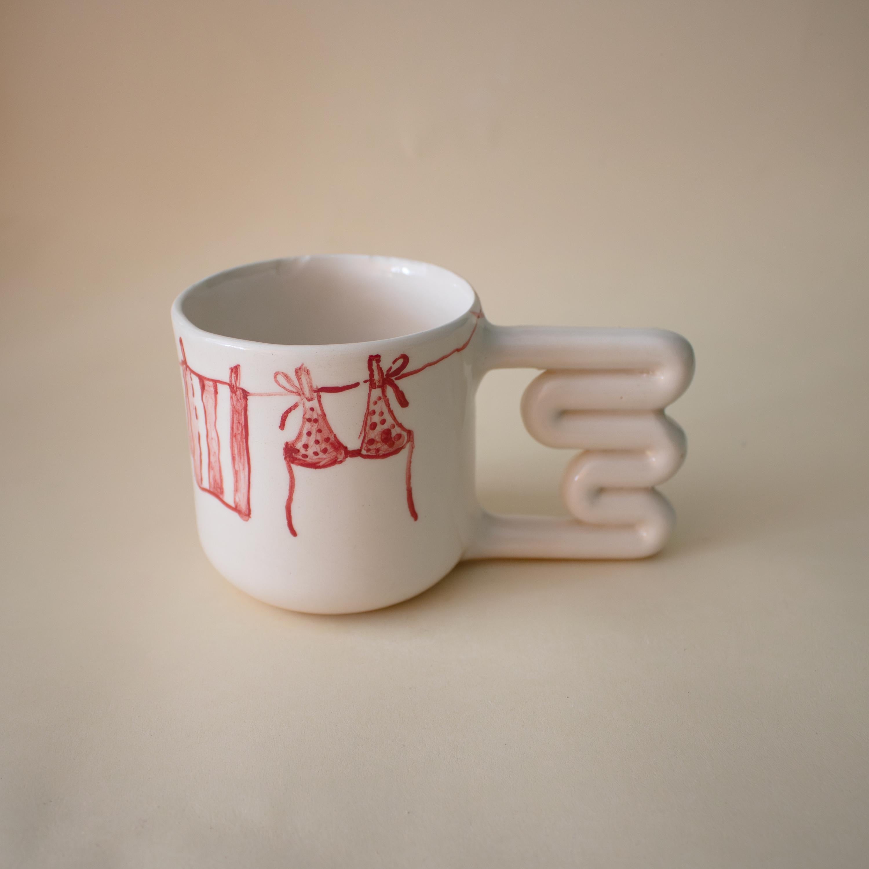 Hand Painted Clothesline Mug: Funky Handle Ceramic Coffee Cup