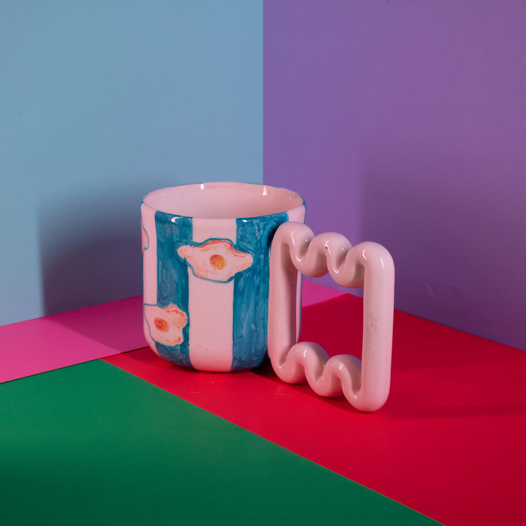 Hand Painted Porcelain Mug: Egg & Blue Stripes, Funky Handle