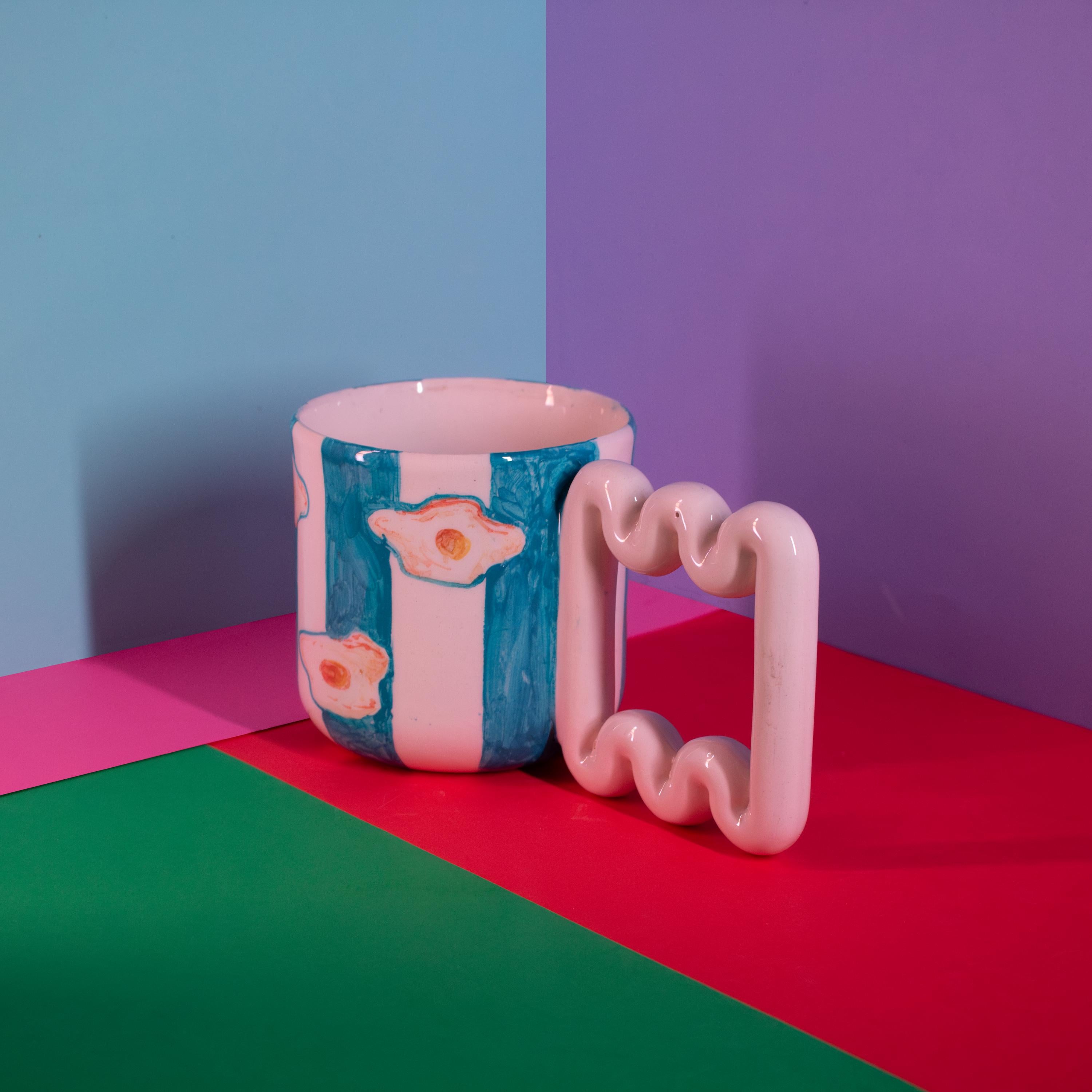 Hand Painted Porcelain Mug: Egg & Blue Stripes, Funky Handle