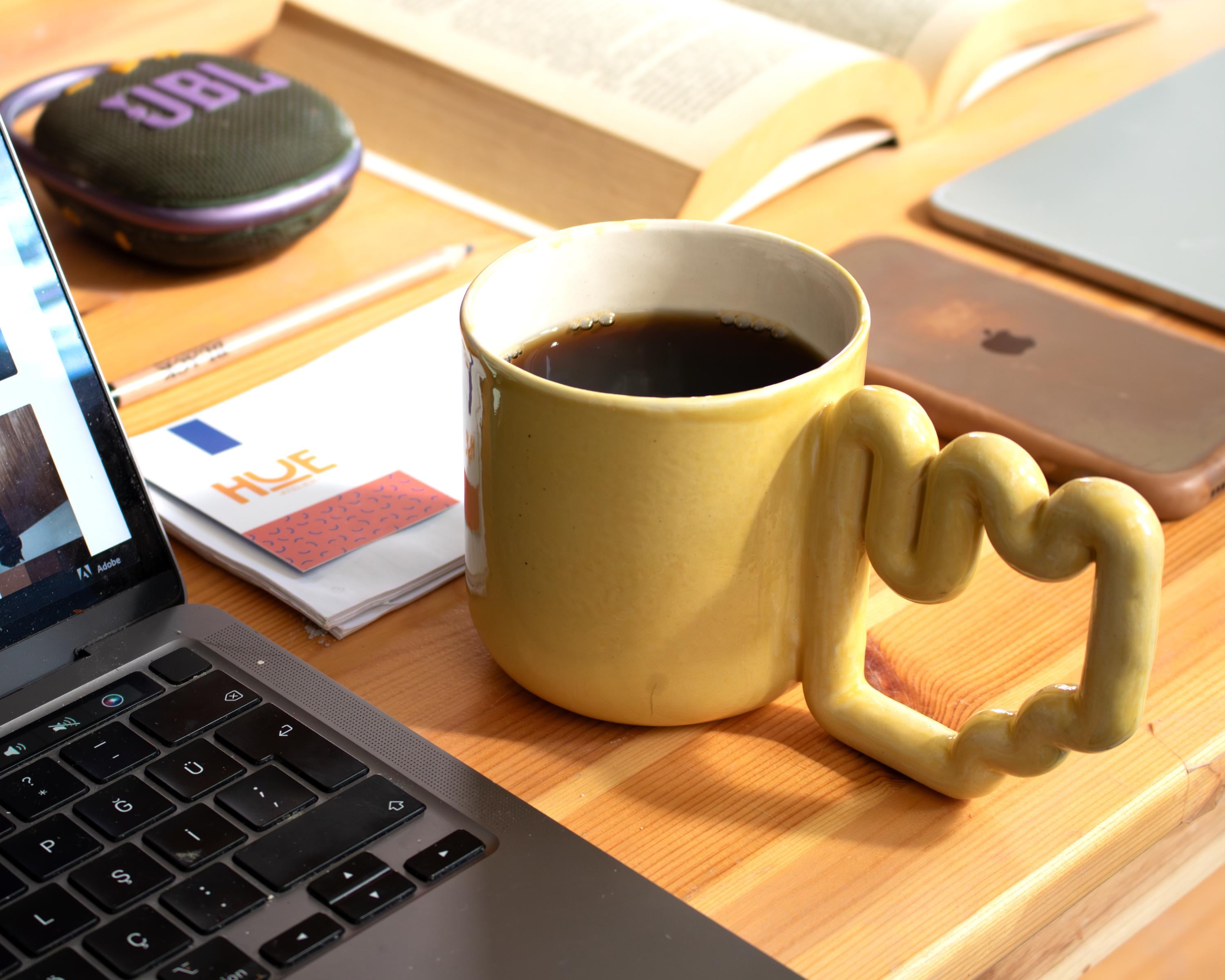 Yellow ceramic mug with funky handle, unique handmade cup, modern gift for coffee lovers