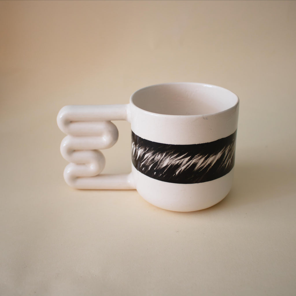 Black and white porcelain mug with funky handle Handmade Ceramic Cup
