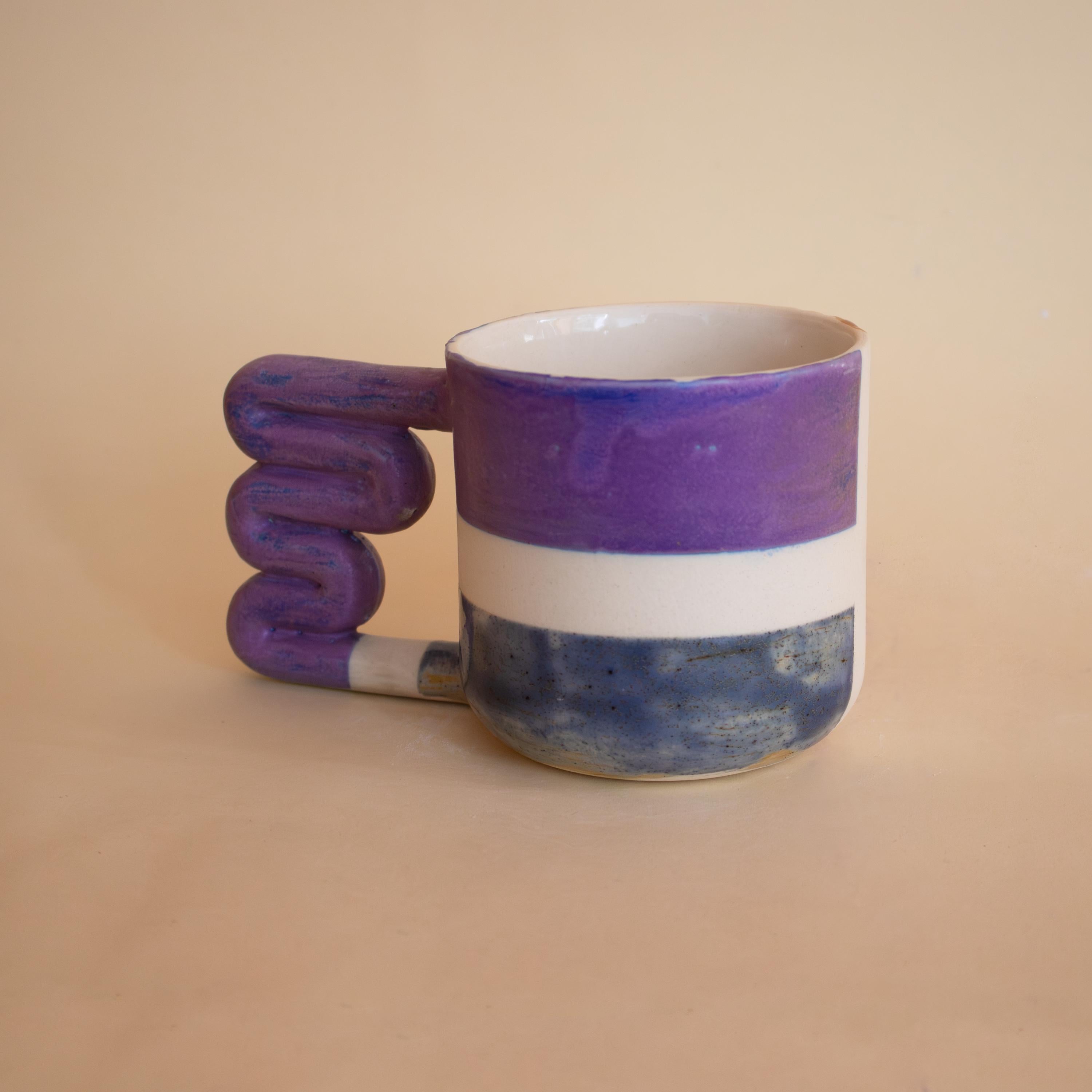 Handmade geometric ceramic mug with funky handle, colorful porcelain cup, artistic coffee lover gift
