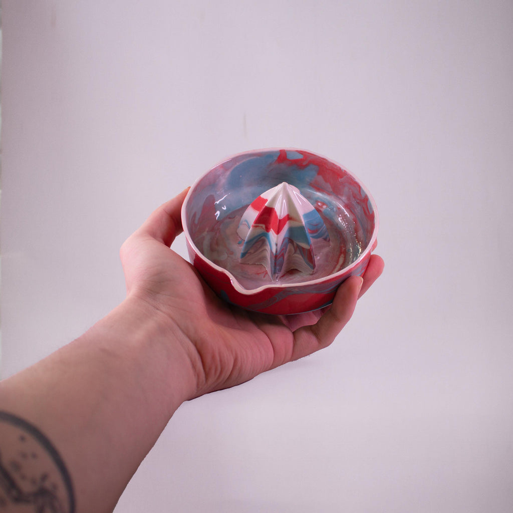 Red and blue porcelain lemon squeezer, handmade citrus juicer