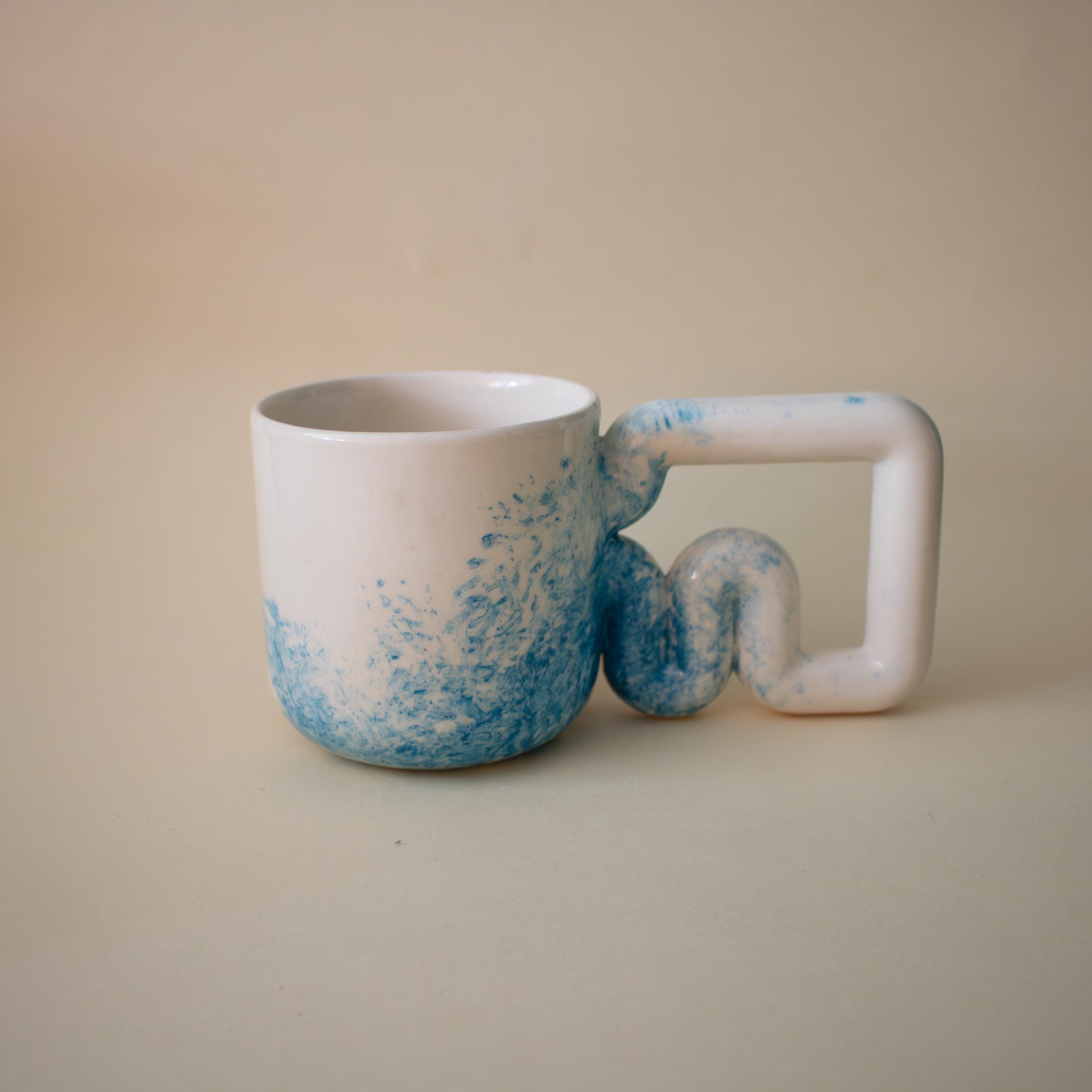 Handmade Mountain Ceramic Mug: Wavy Handle Porcelain Coffee Cup