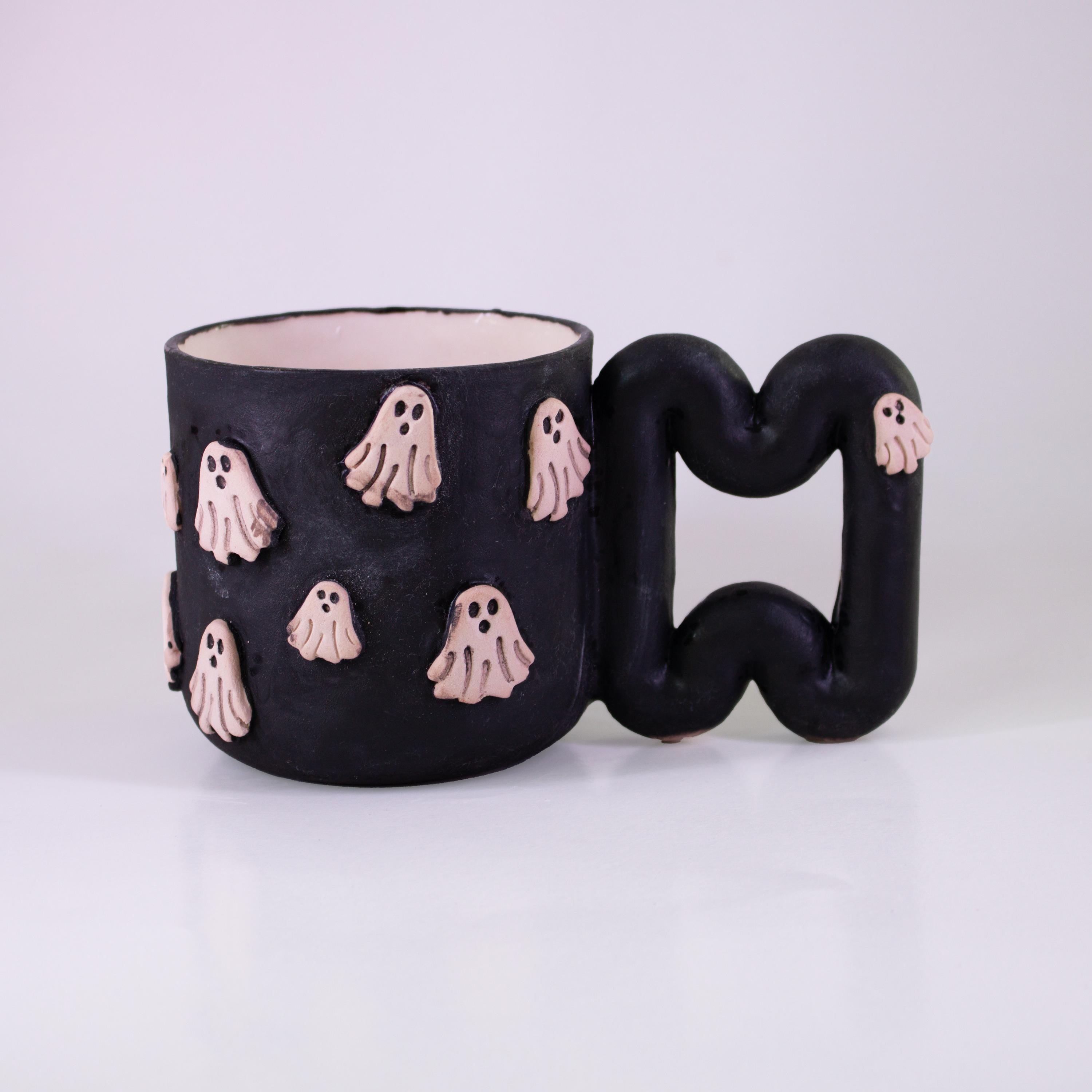 Handmade Porcelain Ghost Mug: Spooky Black Coffee Cup with Funky Handle