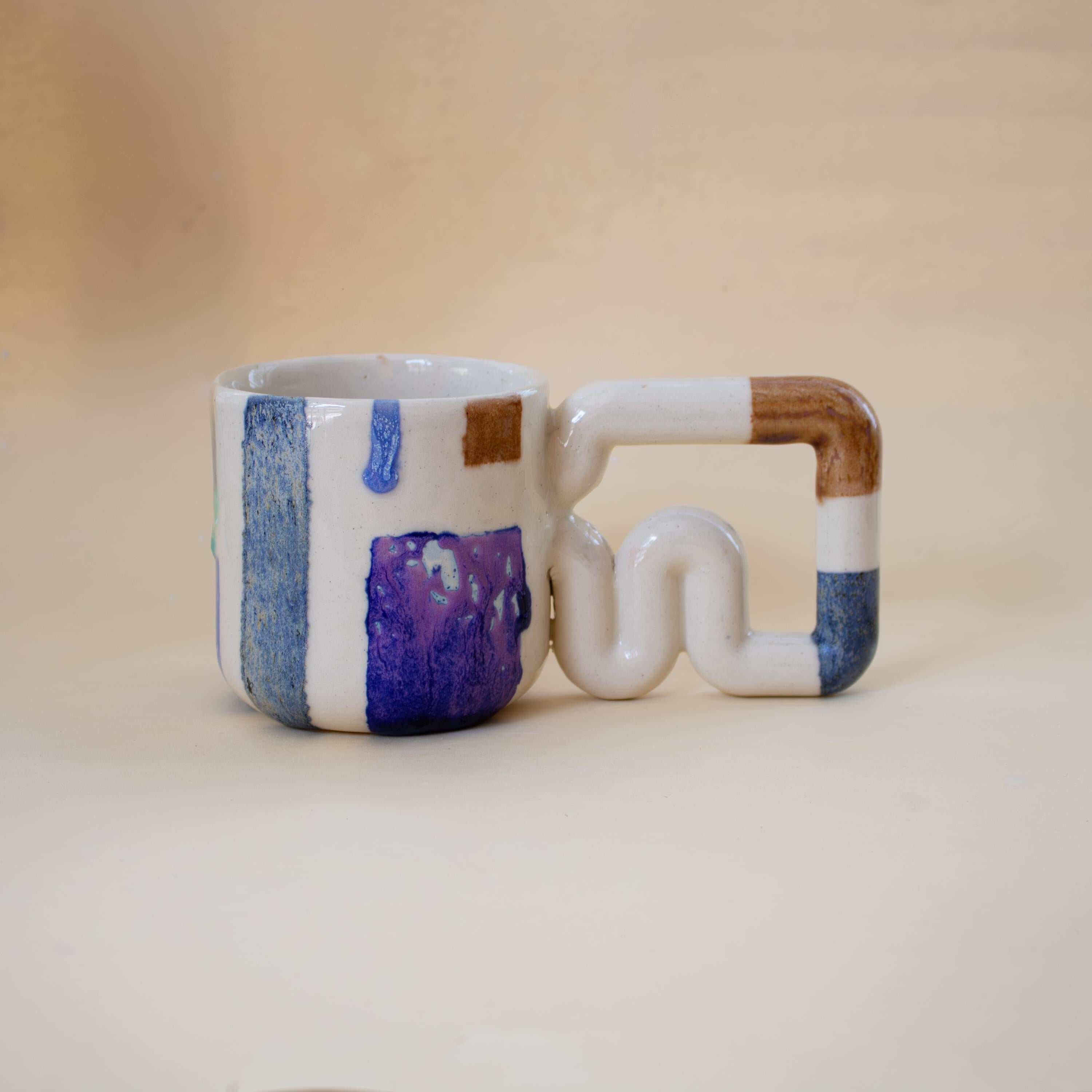 Handmade Porcelain Coffee Mug: Colourful Geometric Design, Wavy Handle