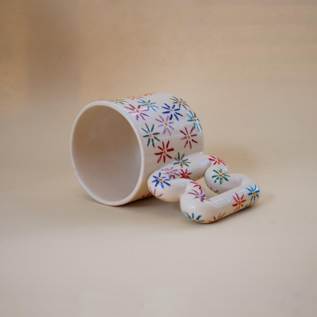 Handmade Ceramic Mug: Floral Blossom Design, Wavy Handle porcelain cup