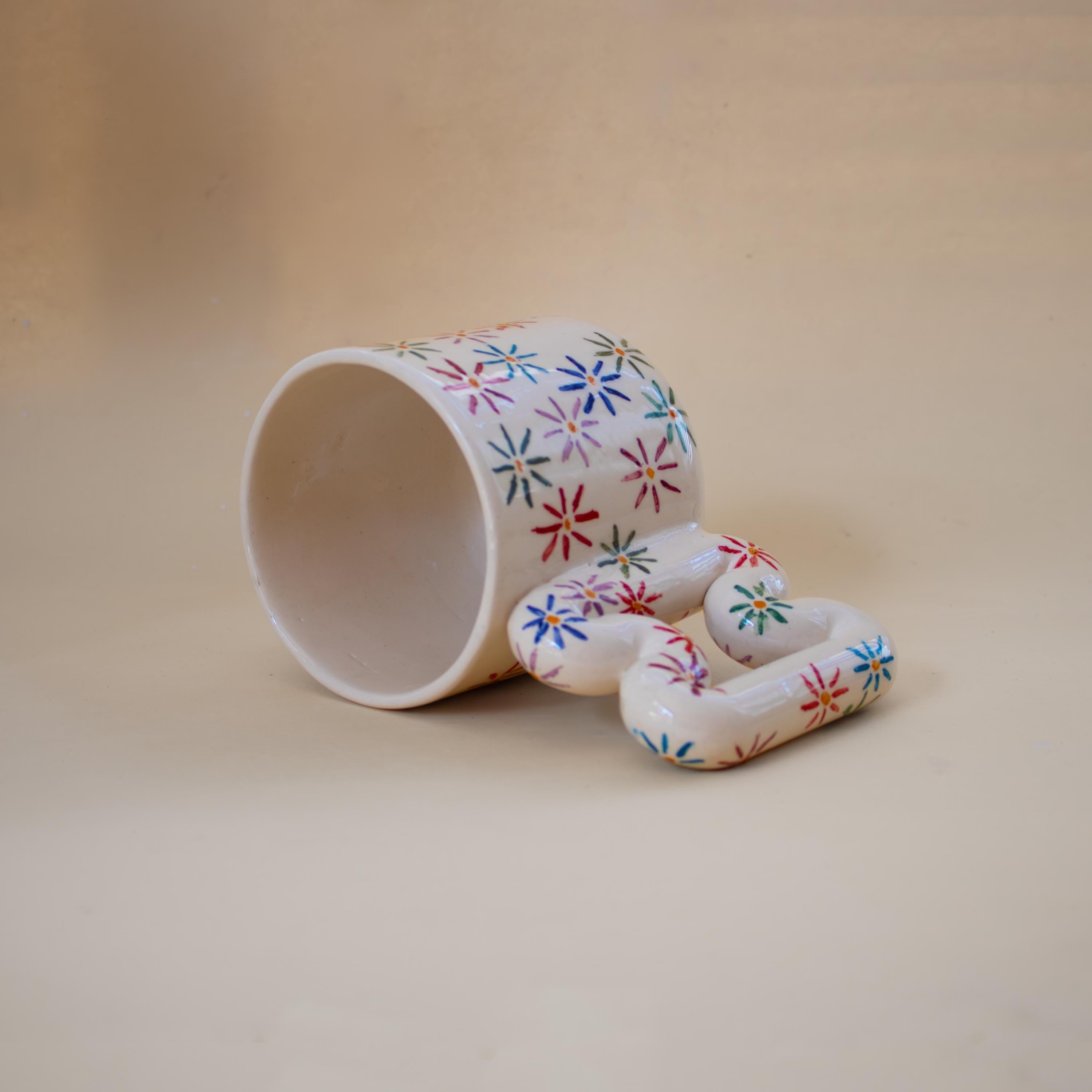 Handmade Ceramic Mug: Floral Blossom Design, Wavy Handle porcelain cup