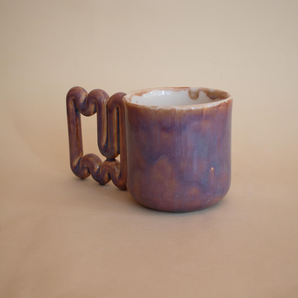 Handmade Copper Glaze Ceramic Mug: Square Zigzag Handle, Modern Design