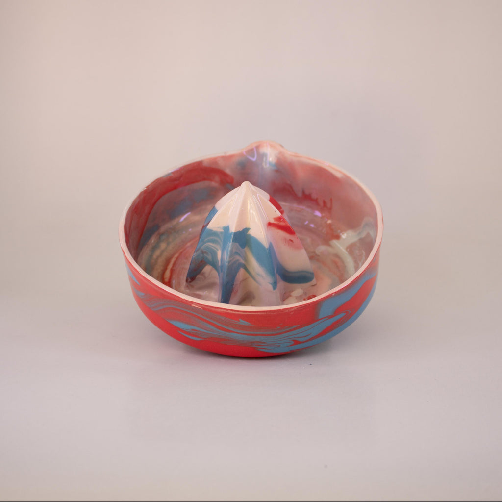 Red and blue porcelain lemon squeezer, handmade citrus juicer