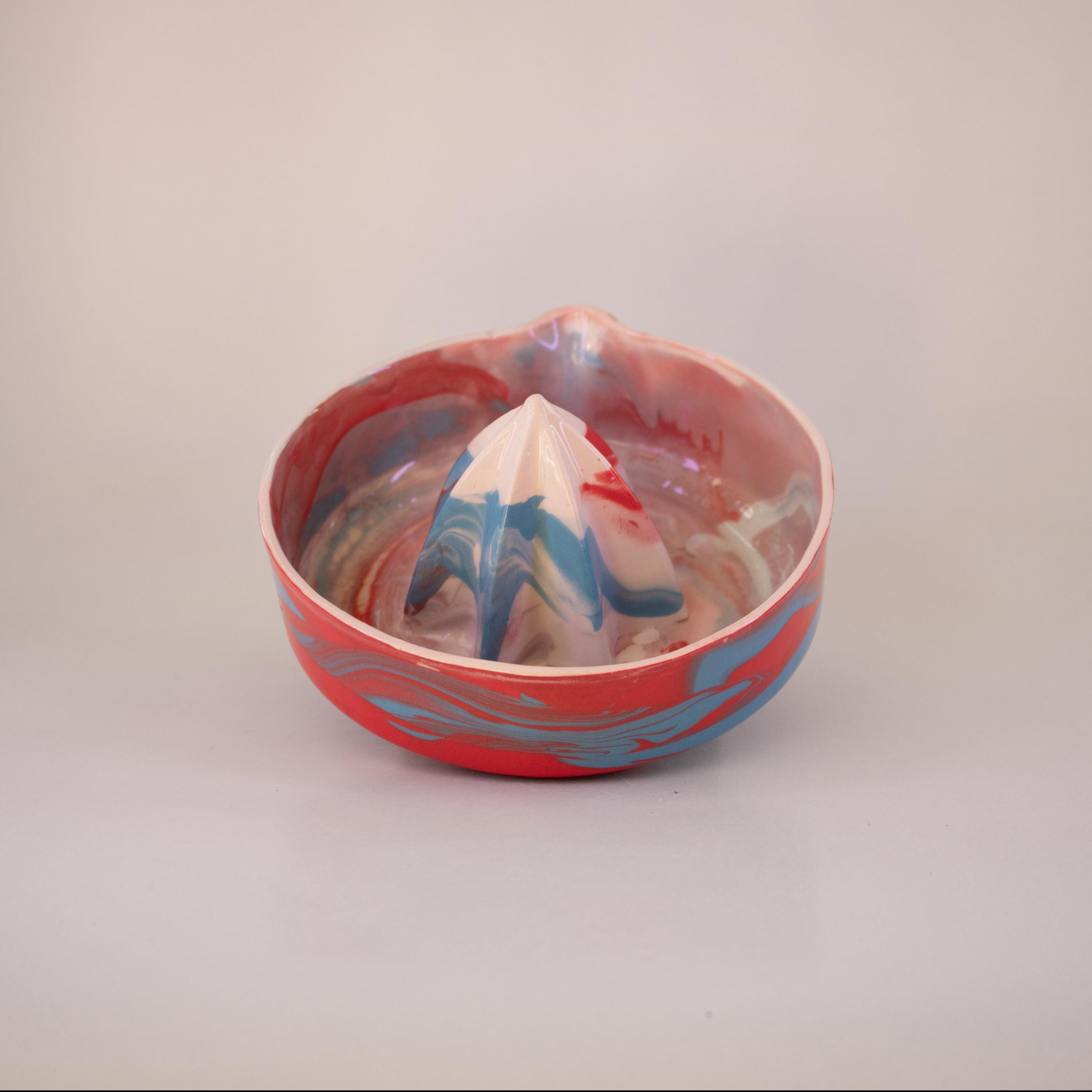 Red and blue porcelain lemon squeezer, handmade citrus juicer