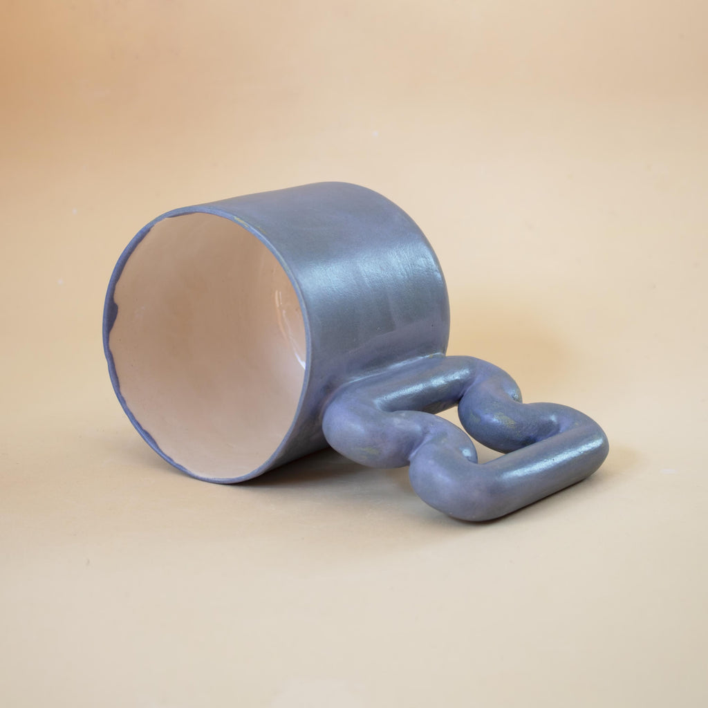 Matte blue porcelain mug with funky handle, handmade modern coffee cup