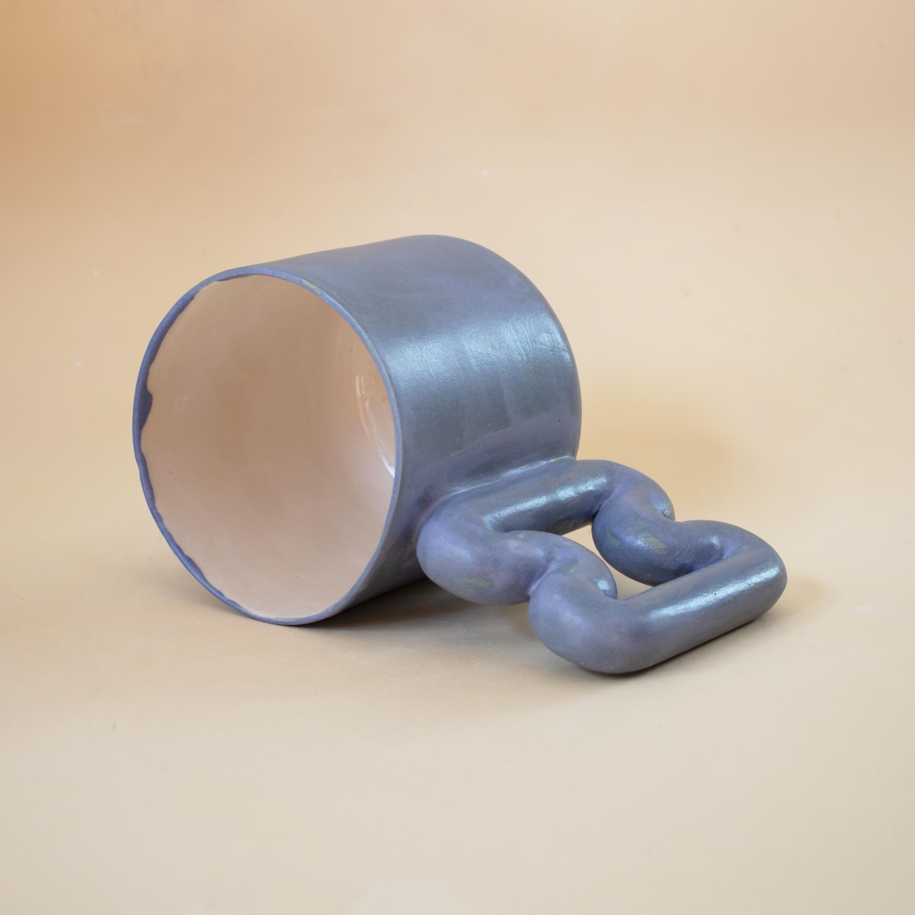 Matte blue porcelain mug with funky handle, handmade modern coffee cup