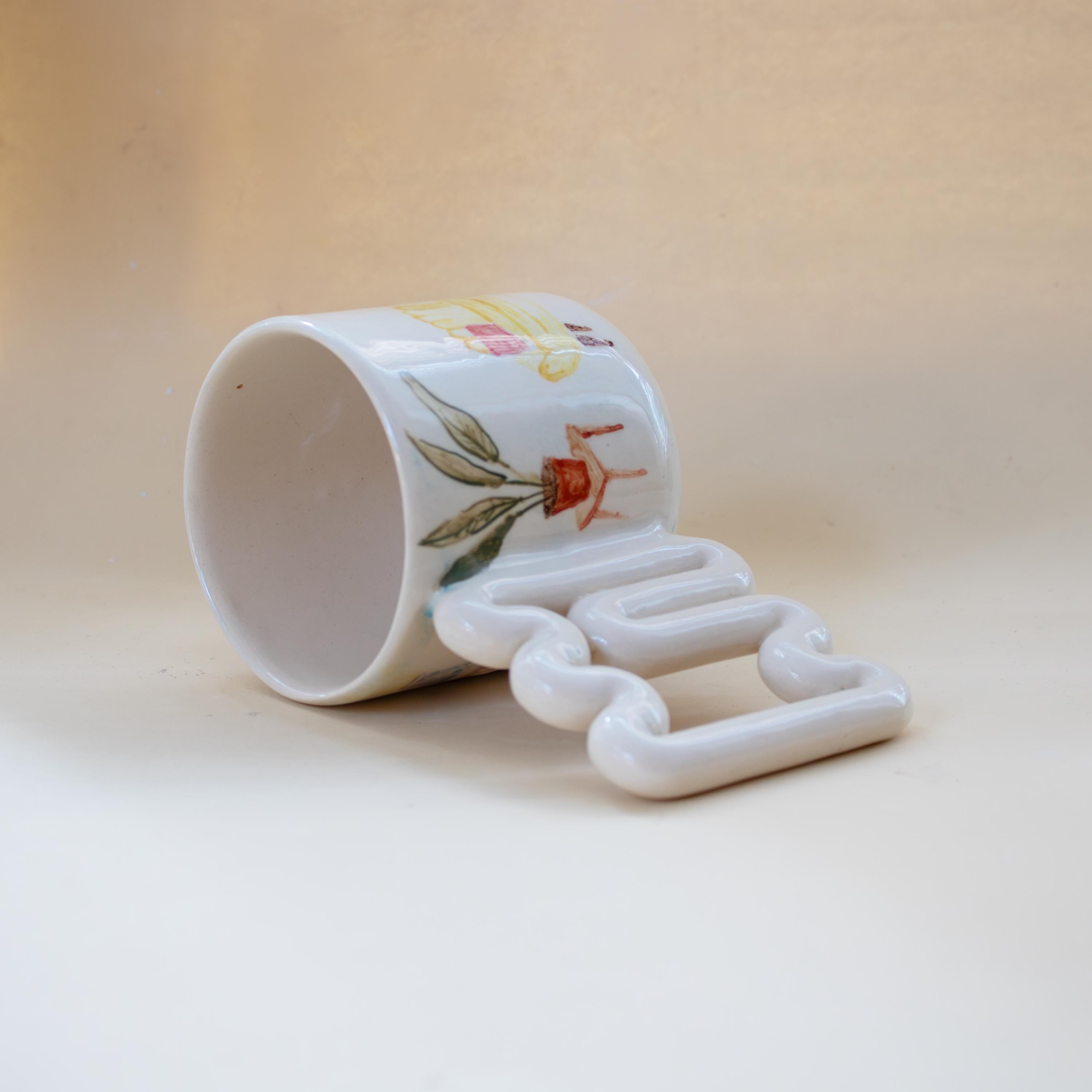 Handmade Porcelain Coffee Mug: Wavy Handle, Artistic Home Decor