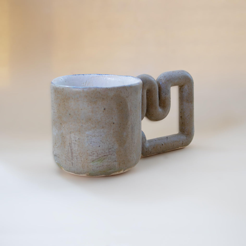 Natural stone inspired mug with funky handle, minimalist handmade porcelain cup, unique coffee gift