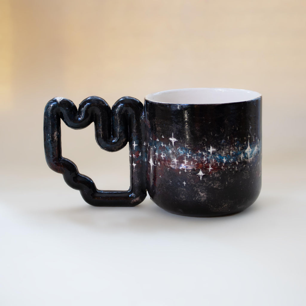 Handmade Celestial Porcelain Mug: Galaxy Design, Funky Handle