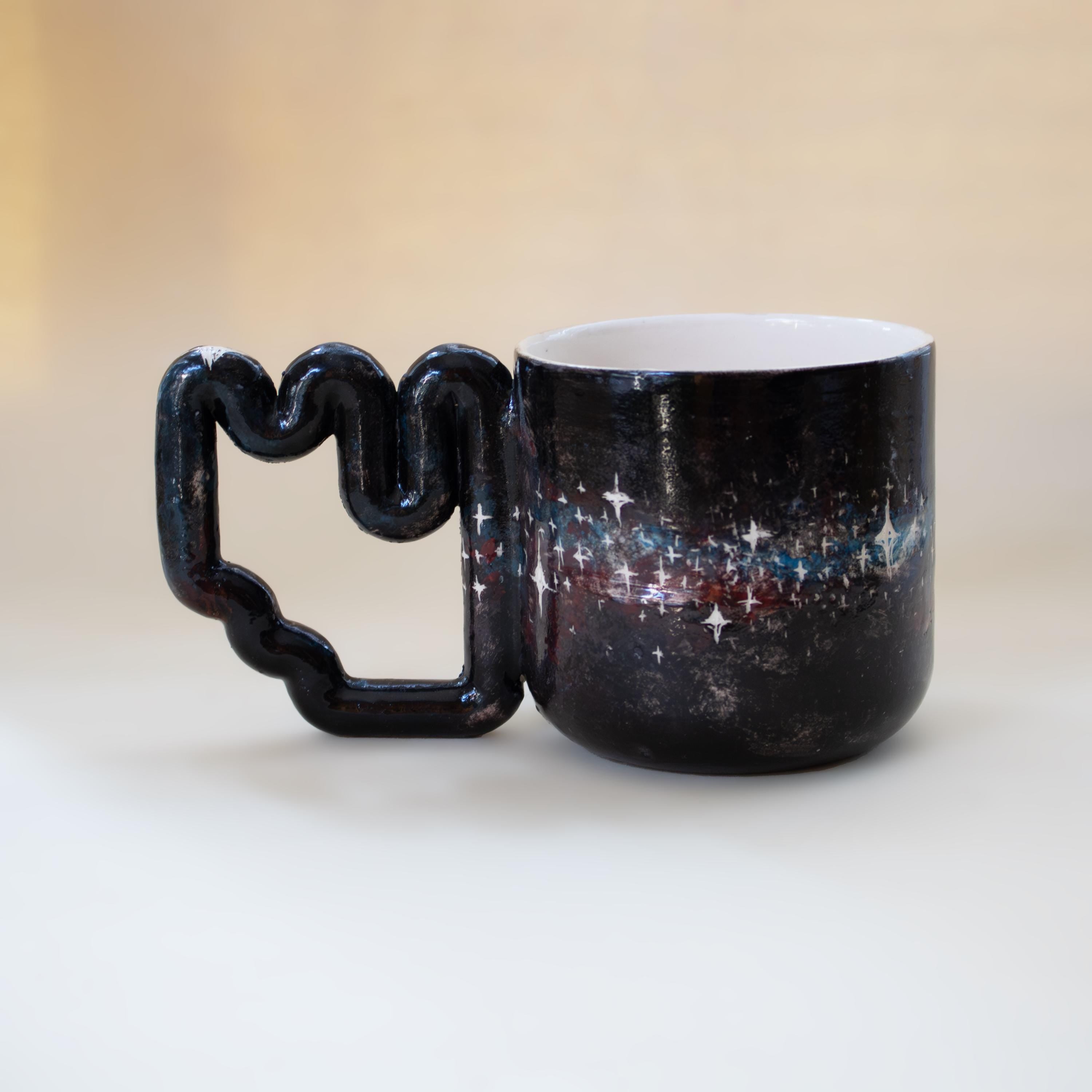 Handmade Celestial Porcelain Mug: Galaxy Design, Funky Handle