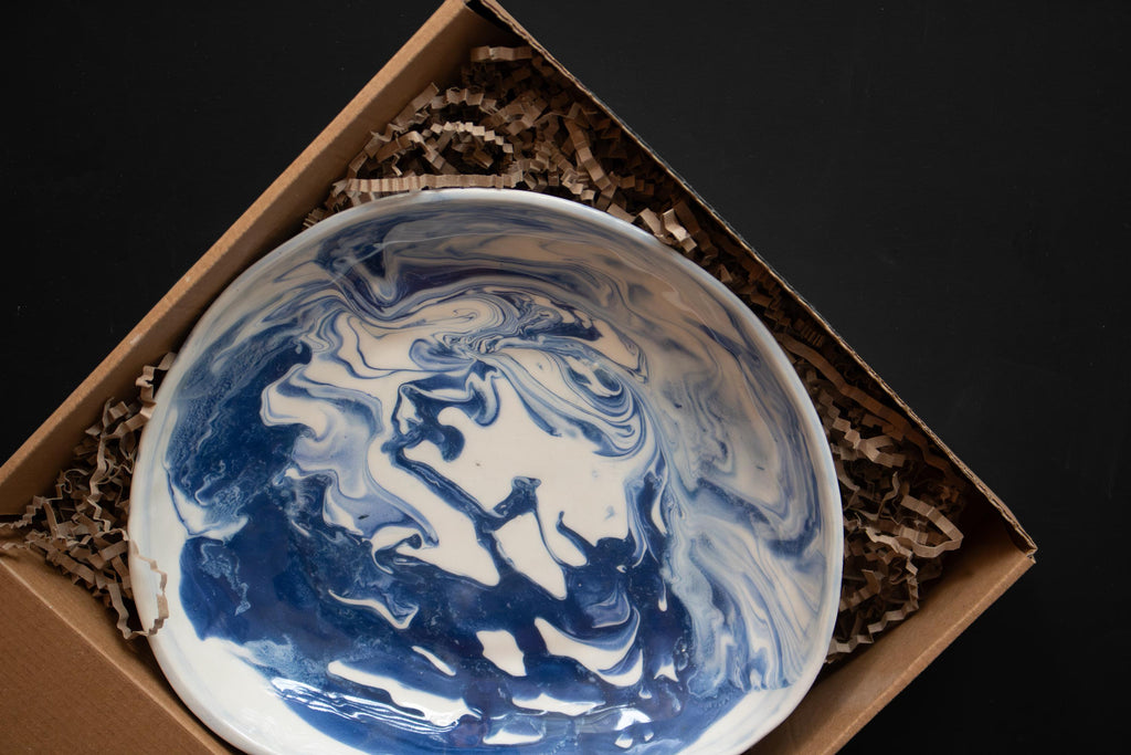 Handmade Marble Porcelain Salad Plate: Blue, Black, and White